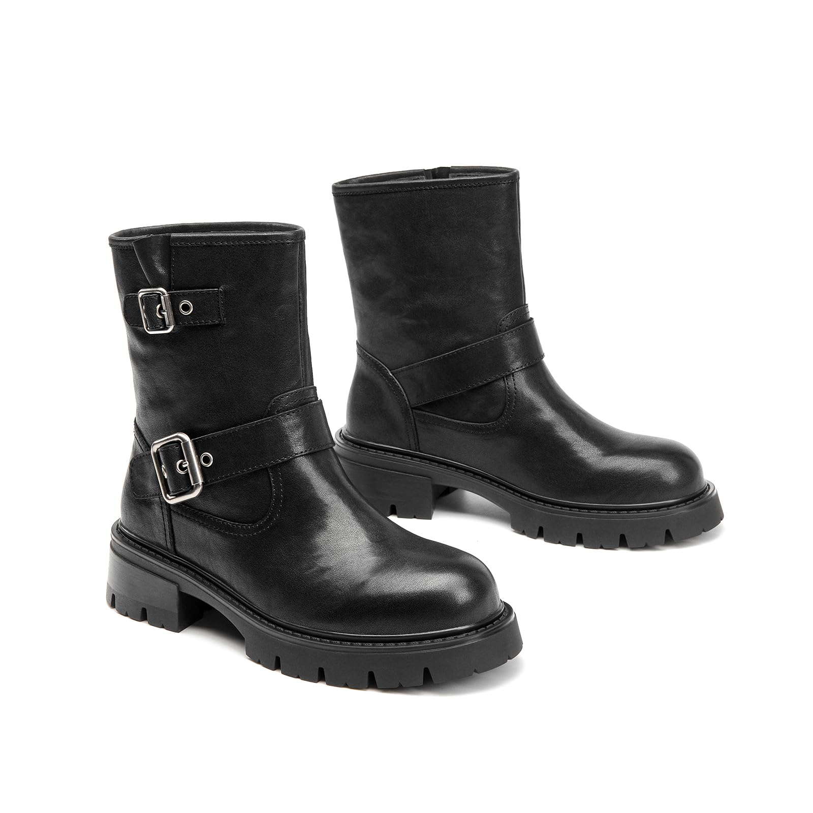 BEAU TODAY Motorcycle Boots Women Genuine Leather Platform Ankle Boots Womens Round Toe Chunky Low Heel Biker Boots