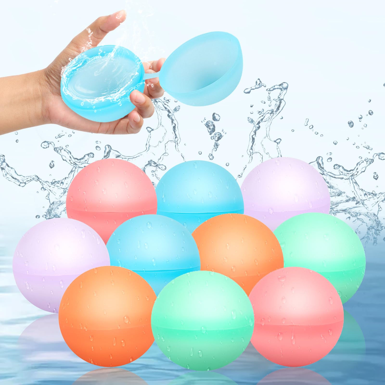 AKOFIC Reusable Water Balloons for Kids Adults, 10 Pcs Silicone Refillable Water Bombs, Quick Fill Self Sealing Splash Water Balls, Latex Free Summer Pool Outdoor Toys for Water Fight Games
