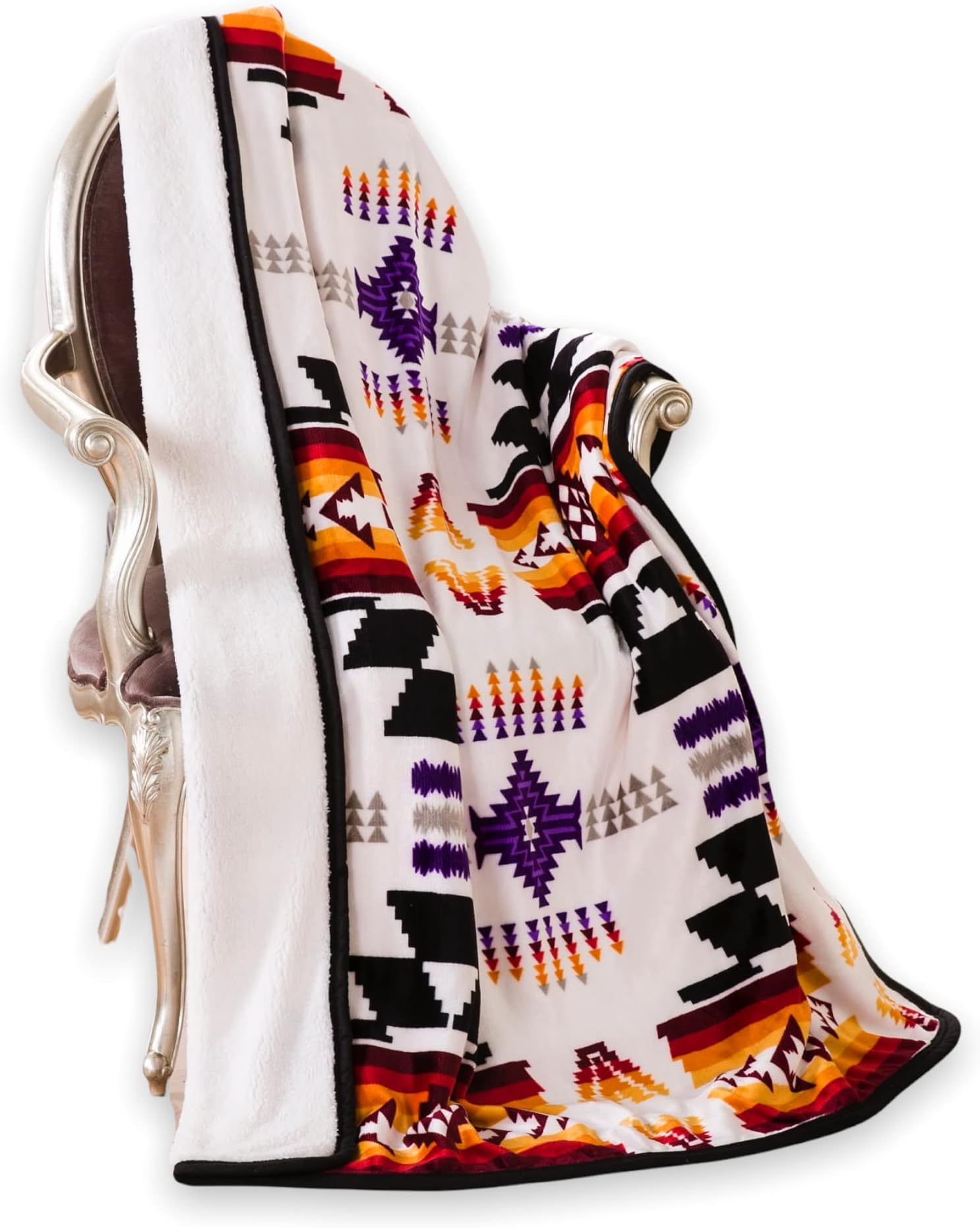 Nu Trendz SignatureSouthwest Design (Navajo Print) Sherpa Lined Throw 16112 White