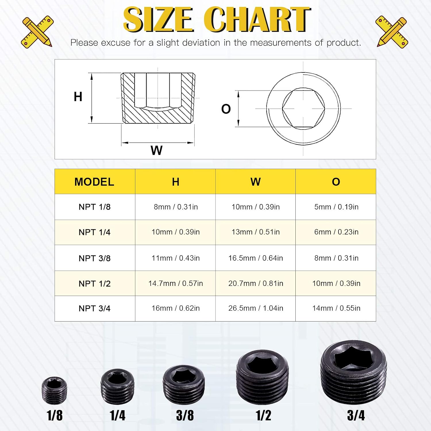 20pc 1/8" NPT Plug Fitting Set - Carbon Steel Male Thread Internal Allen Head Pipe Plugs