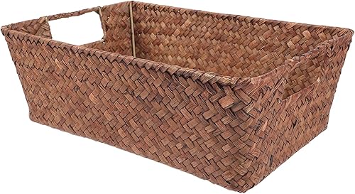 Miniatura 10 de Angoily Cesta de almacenamiento tejida a mano de hierba marina, organizador rectangular para escritorio, cesta portátil de hierba marina, asa