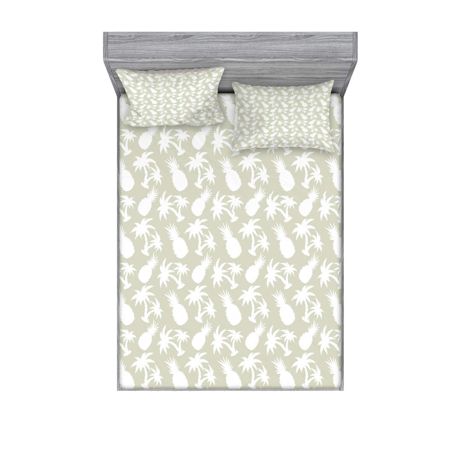 Lunarable Pineapple Fitted Sheet & Pillow Sham Set, Coconut Palm Trees and Pineapples Floral Repeating Background Art, Decorative Printed 3 Piece Bedding Decor Set, Full, Eggshell White