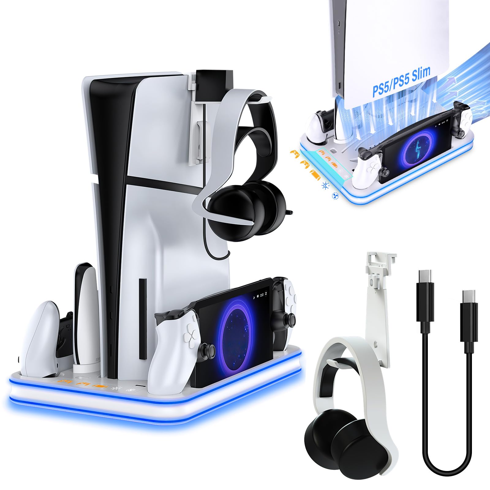 Sehawei PS5 PS5 Slim Stand and Cooling Station with RGB Lighting and 3 Level Cooling Fan Charging Dock