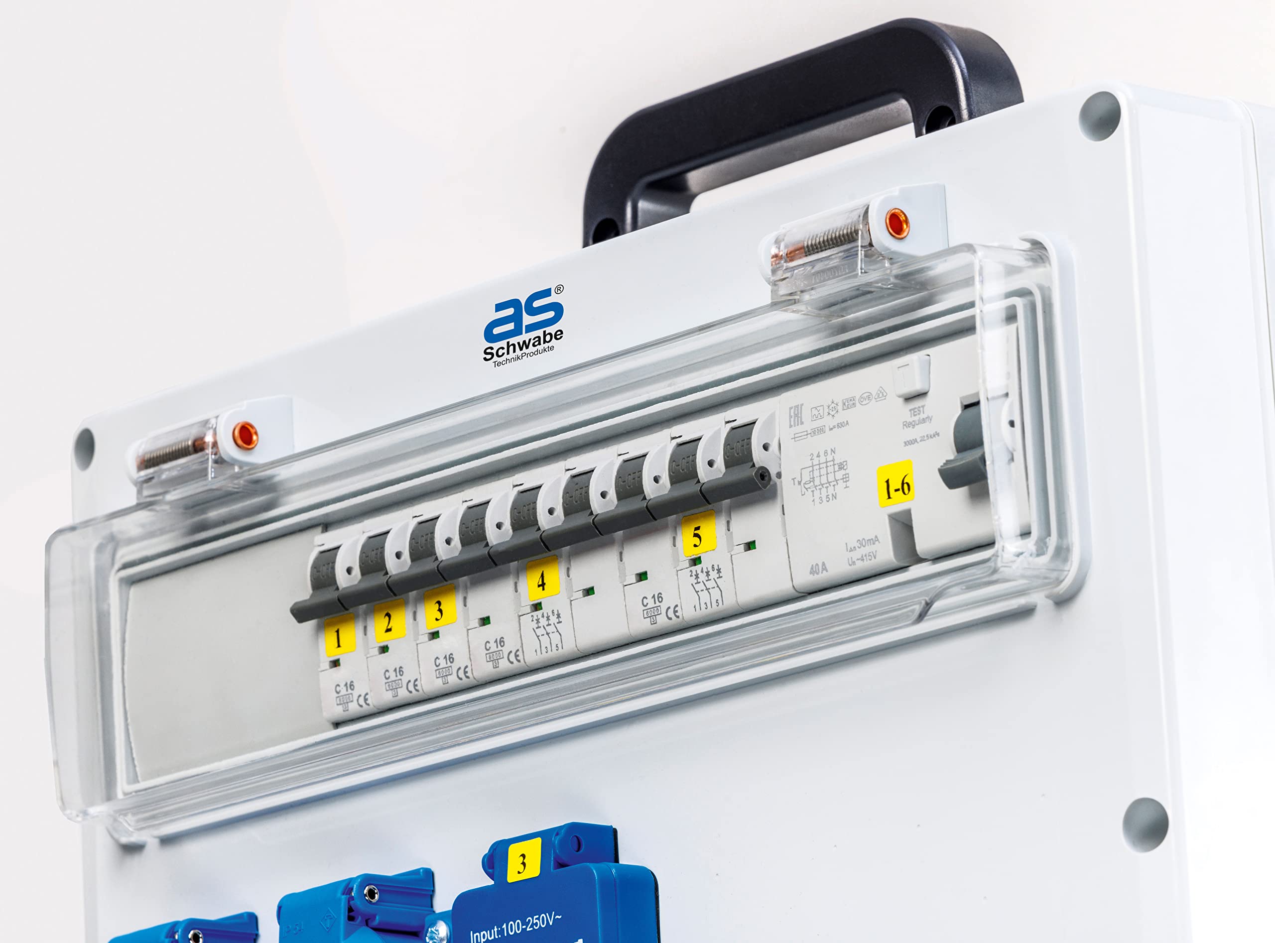 as - Schwabe Wandverteiler anschlussfertig - Baustromverteiler CEE 400V/32A/22kW - 5x Schuko, 2x CEE (400V/16A/5-polig), 1x CEE (400V/32A/5-polig), 2x USB - IP44, 61524