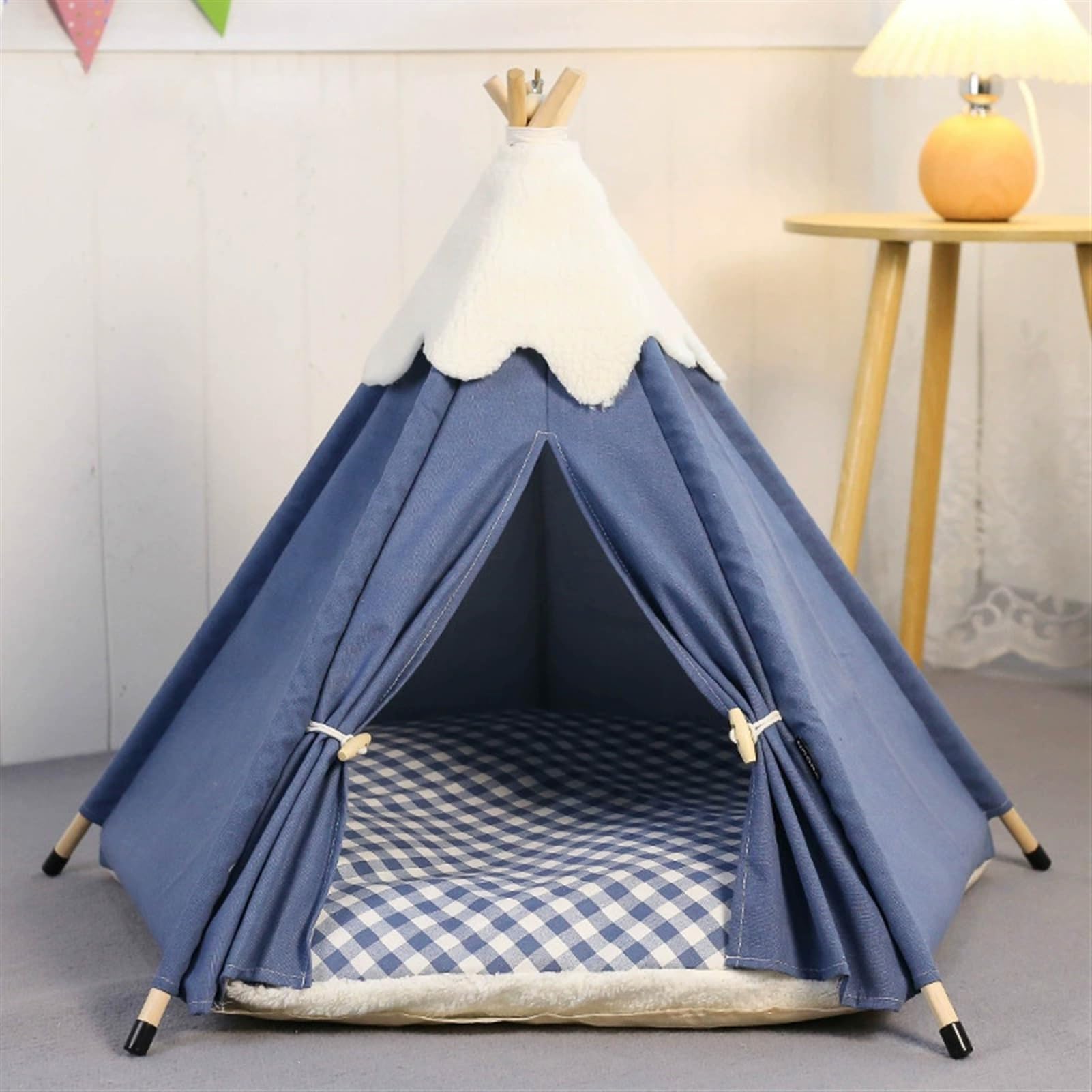 GIBZ Pet Teepee Tent with Removable Cushion Cute Dog Play House Washable Easy Assemble Cat Enclosed Bed for Indoor Outdoor, Navy Blue, L