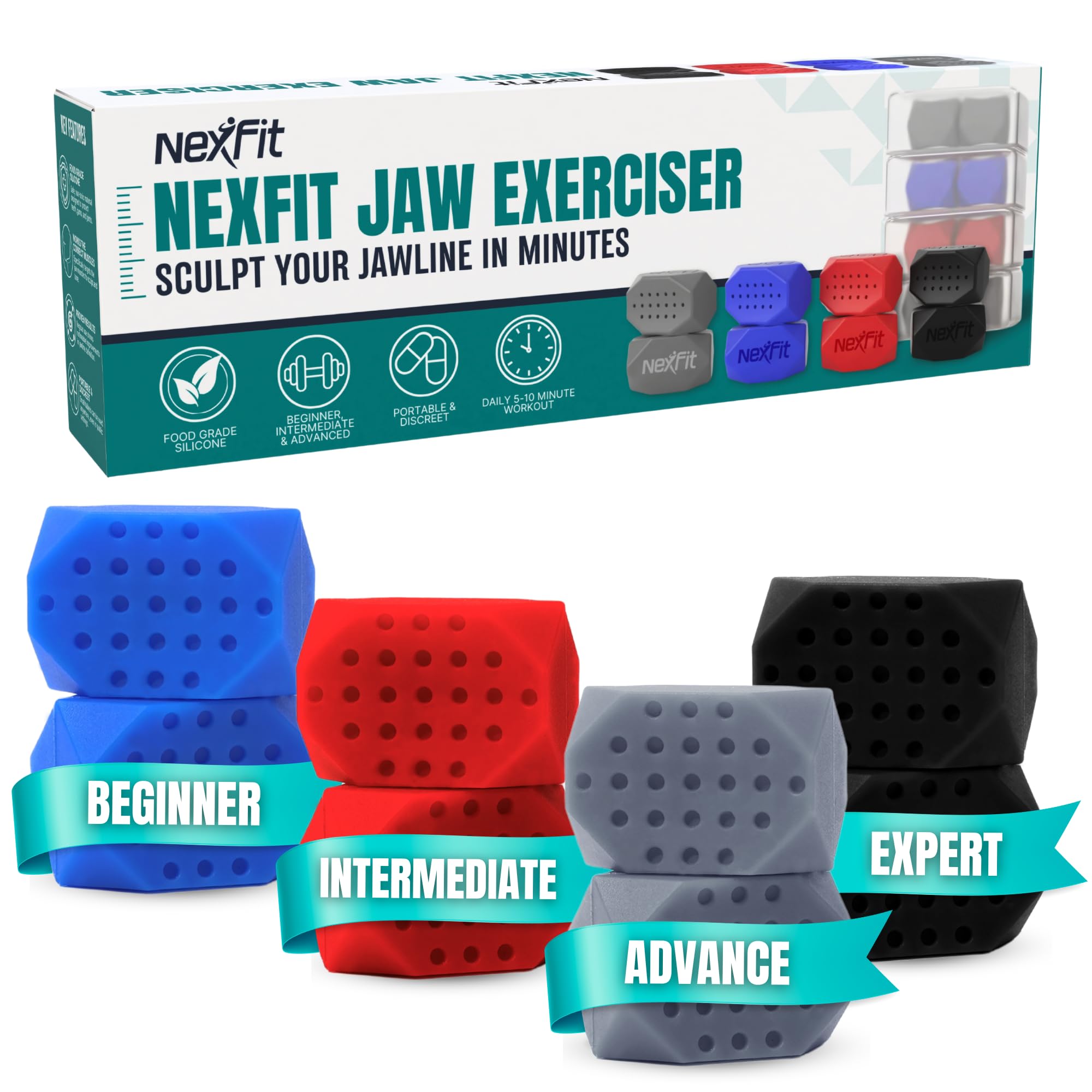 NexFit Jaw Exerciser for Men & Women – 4-Level Resistance Jaw Trainer for Men & Women – Food-Grade Silicone Double Chin Reducer – 8 Piece Kit with
