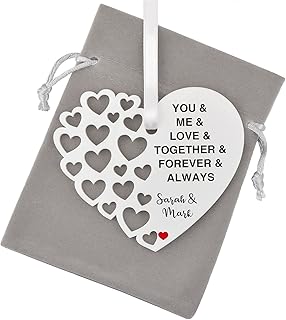 You And Me Couples Gifts For Boyfriend Girlfriend Husband Wife Him Her Mr Mrs, Personalised Couples Hanging Heart Plaque Ornament Keepsake Valentines Christmas Anniversary, With Grey Bag