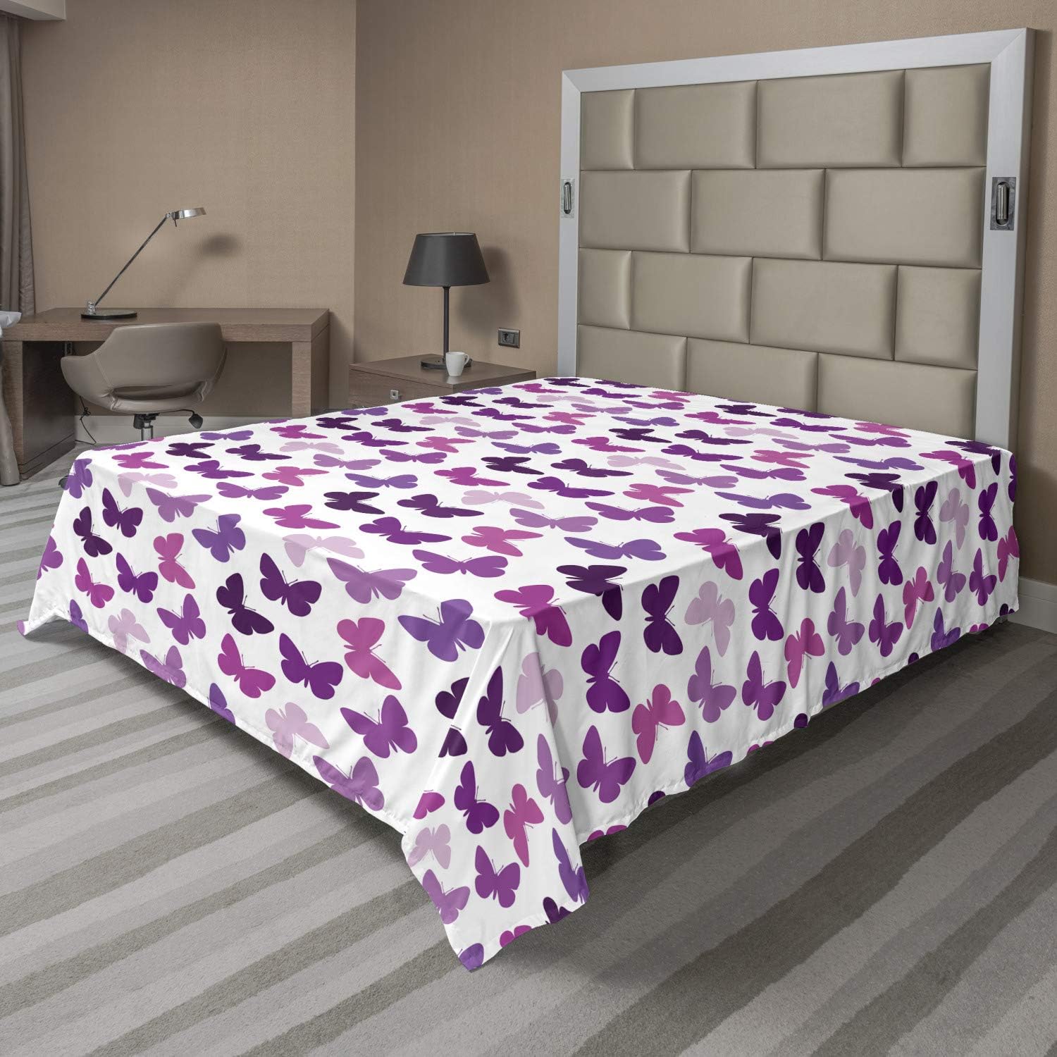 Ambesonne Butterfly Flat Sheet, Abstract Retro Butterfly Silhouettes Floral Springtime Girls Theme Image, Soft Comfortable Top Sheet Decorative Bedding 1 Piece, Queen Size, Purple Lilac Pink