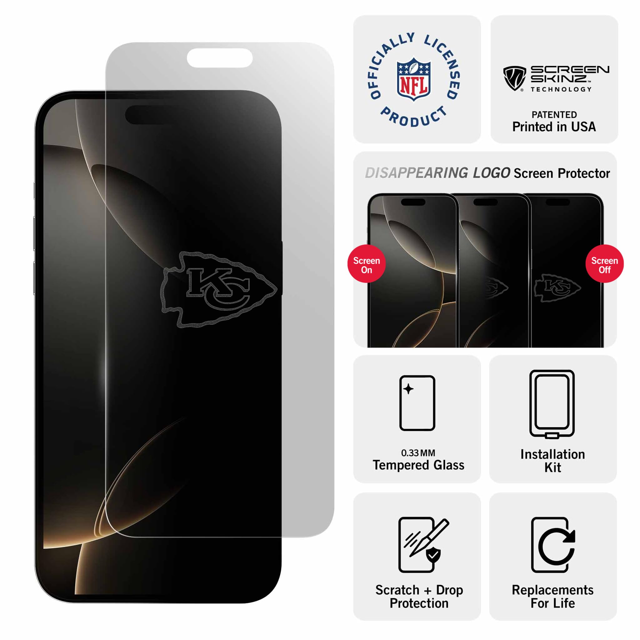 Screen Skinz - Pellicola protettiva NFL Kansas City Chiefs per iPhone 14 Pro Max, in vetro temperato con licenza ufficiale, design personalizzato con logo a scomparsa, compatibile con custodie,
