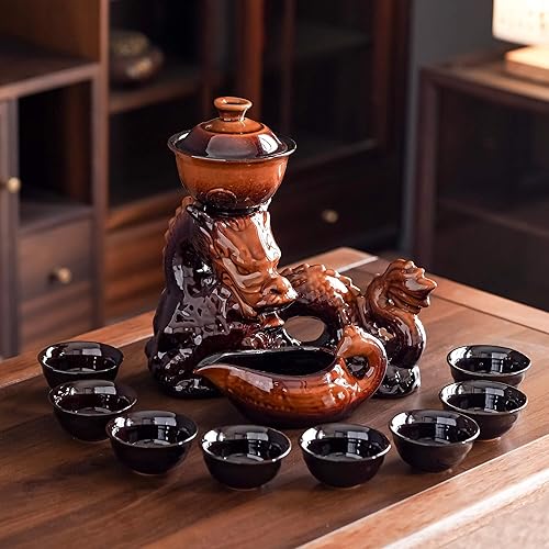 Miniatura 10 de Tetera de cerámica con infusor Juego de té semiautomático, tetera mágica con 8 tazas de color degradado (dragón degradado, C)