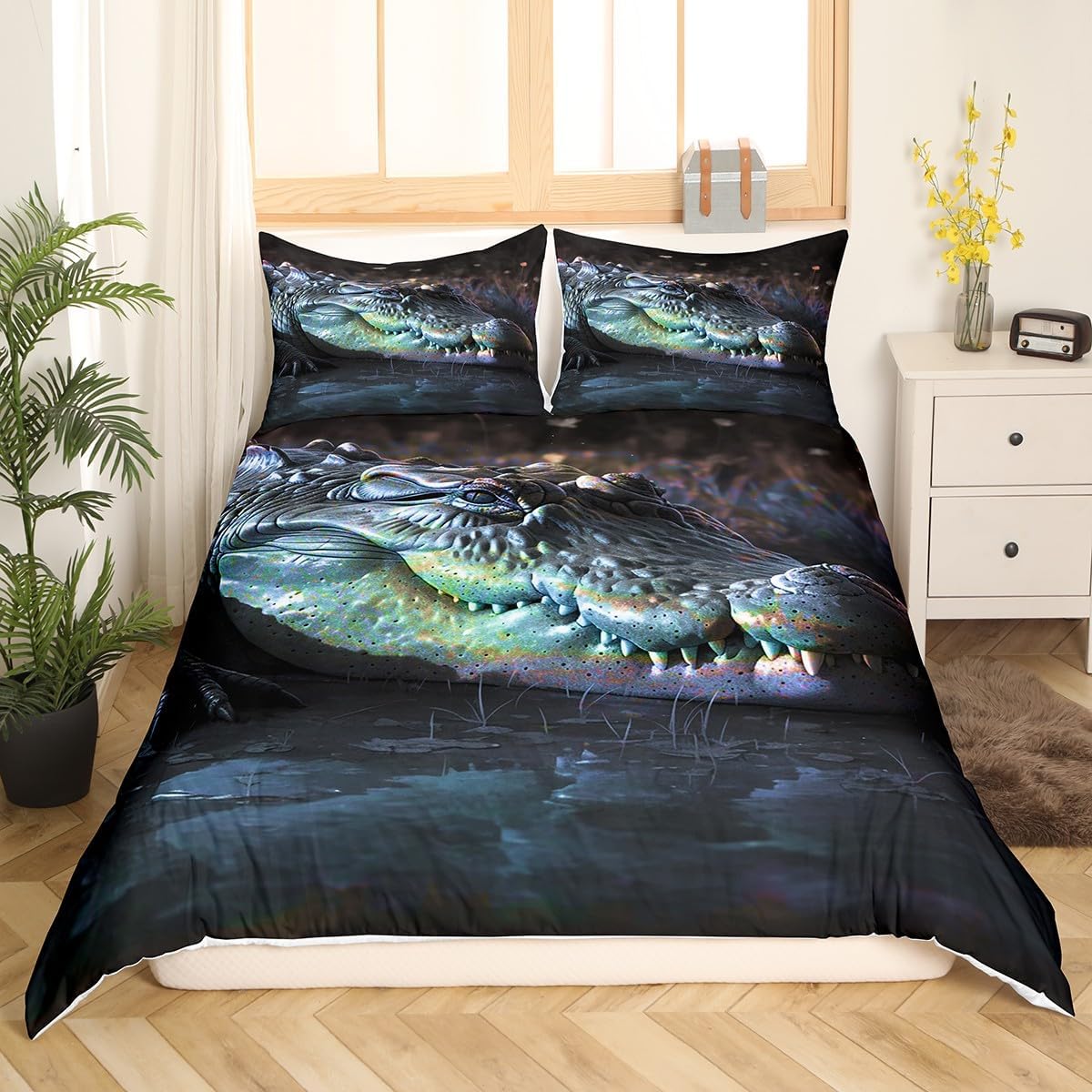 Feelyou Crocodile Comforter Cover Alligator Pattern Bedding Set Wild Animal Theme Duvet Cover for Children Kids Boys Girls Wildlife Style Decor Microfiber Bedspread Cover Room Decor King Size