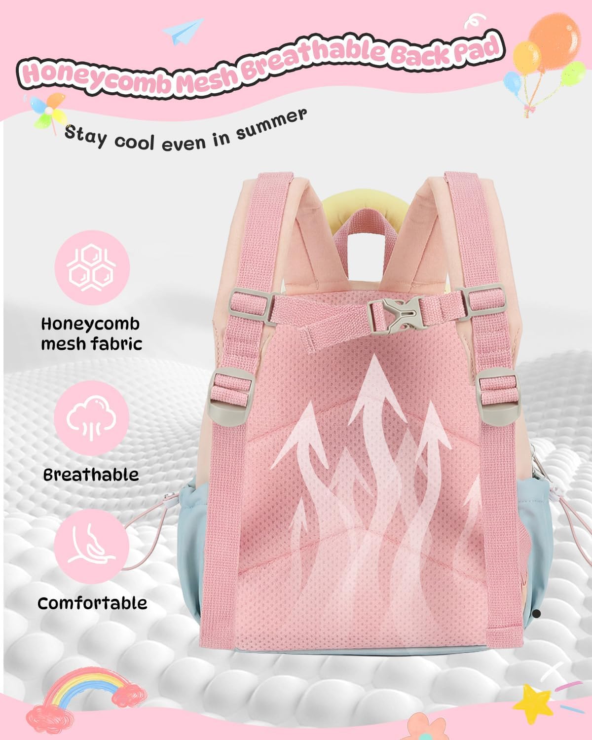 PROTAURI Sac à Dos Enfant Maternelle Fille avec Bretelles de Poitrine, Cartable Maternelle Respirant & Imperméable, Sac Enfant Maternelle Léger Macaron-Design pour 2-5 Ans, 8L, Rose Clair | Avec sangle de poitrine, imperméable, légère, respirante, ergonom