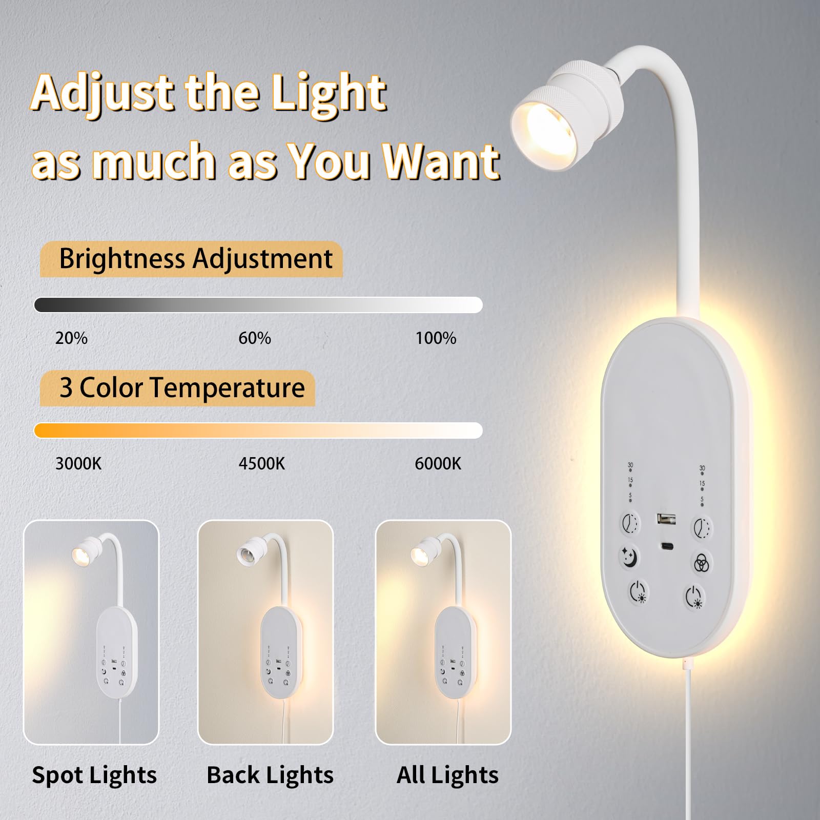 LED Wandmontierte Leselampe für das Bett, Buchlicht zum Lesen mit Touch-Steuerung, stufenlos dimmbar, flexibles Schwanenhals Bettlicht mit USB C+A, Nachtlicht & Timer-Funktion (Weiß)