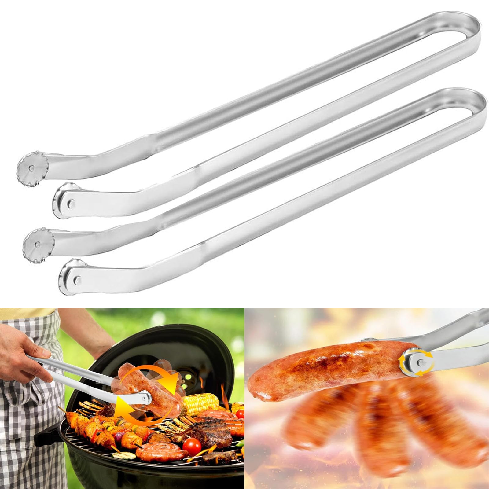nalaina 2PCS BBQ Sausage Turning Tongs, Upgraded Stainless Steel BBQ Tongs, BBQ Tongs for Grilling for Flipping, Long Handle BBQ Cooking Grill Tongs for Turning Bacon Steak Meat Vegetable, Silver