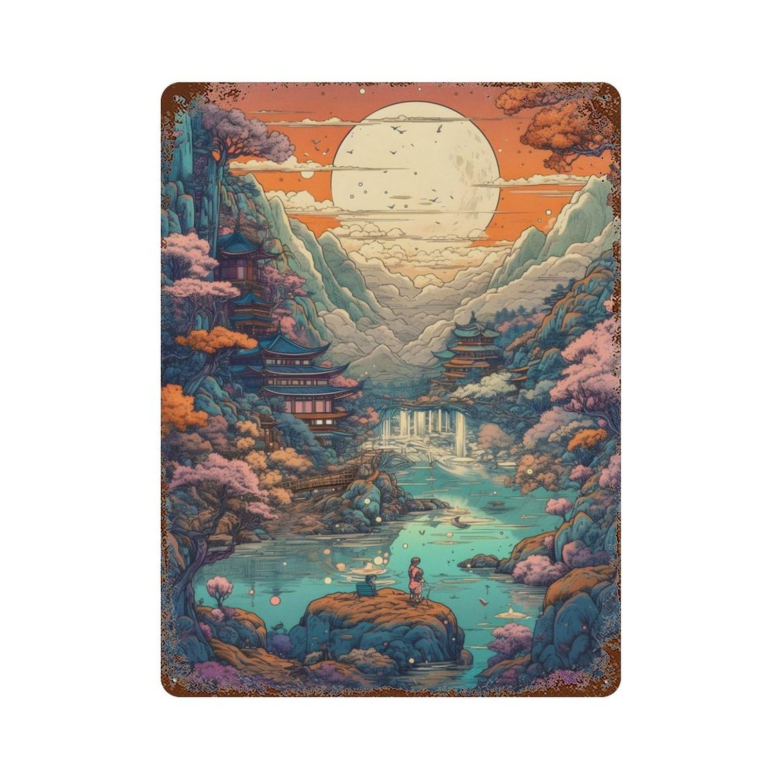 Amazing Landscape in Japan Vintage Wall Sign 15.7"x11.8", Rust Effect Metal Decor for Living Room, Hallway And Home Decor
