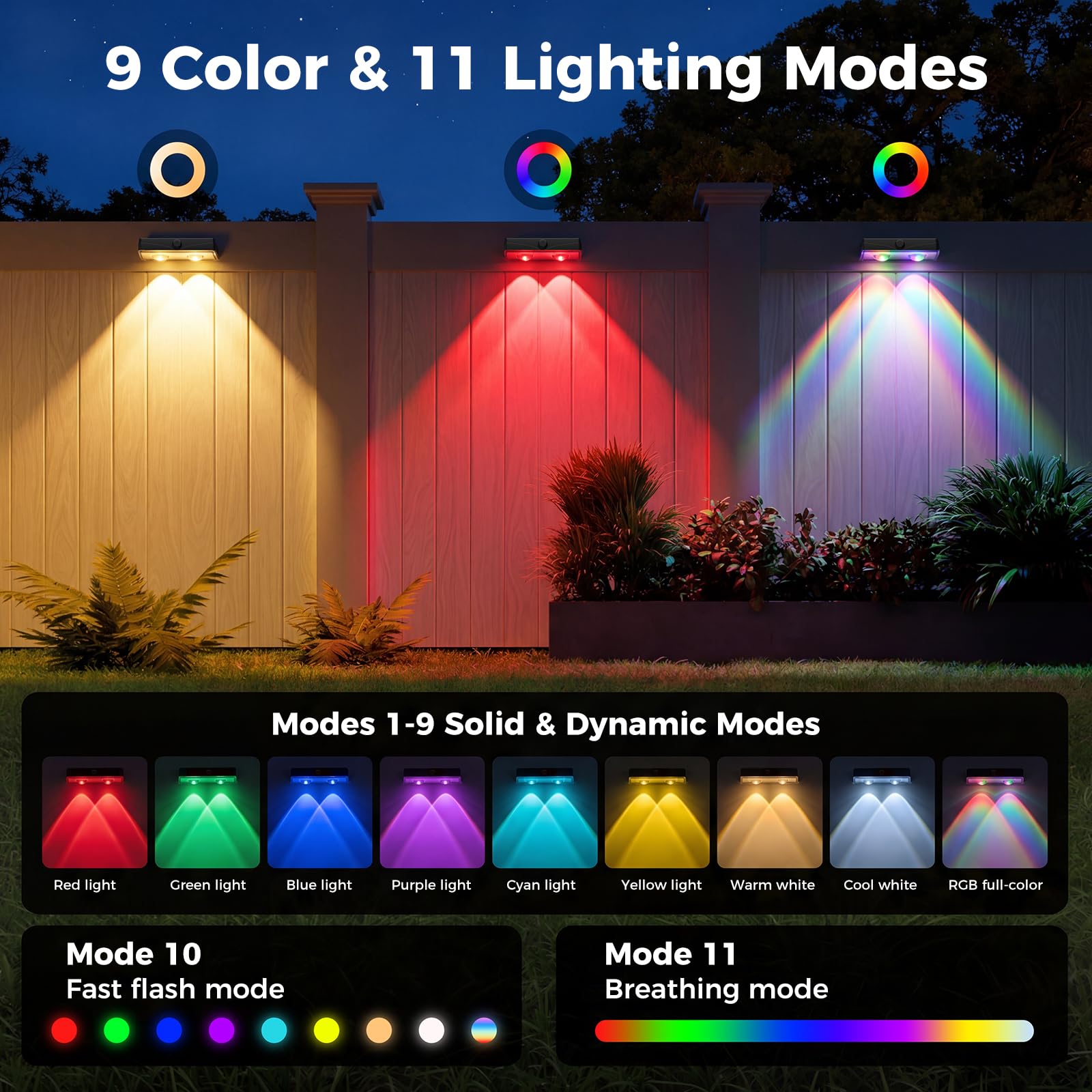 Confezione da 16 luci solari per recinzioni esterne, 11 modalità e 9 colori, alimentate a energia solare, IP65, impermeabili, 60 lm, luci solari a LED per patio, cortile, esterno, ringhiera, parete