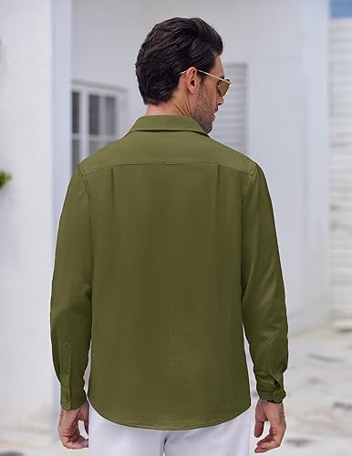 Vista 5 de COOFANDY Camisa cubana de lino guayabera con botones y manga larga para hombre