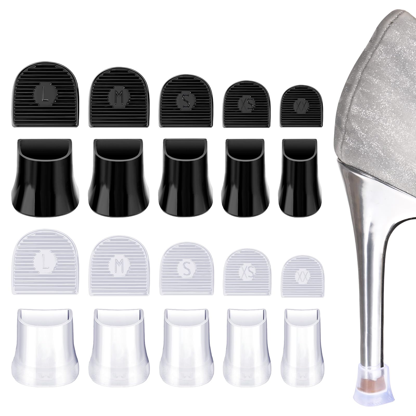 10 pares de protectores de tacón para tacones altos, antideslizantes y con reducción de ruido, protectores de punta para bodas, césped, grava, humedales y eventos al aire libre, 5 tamaños, negro/transparente