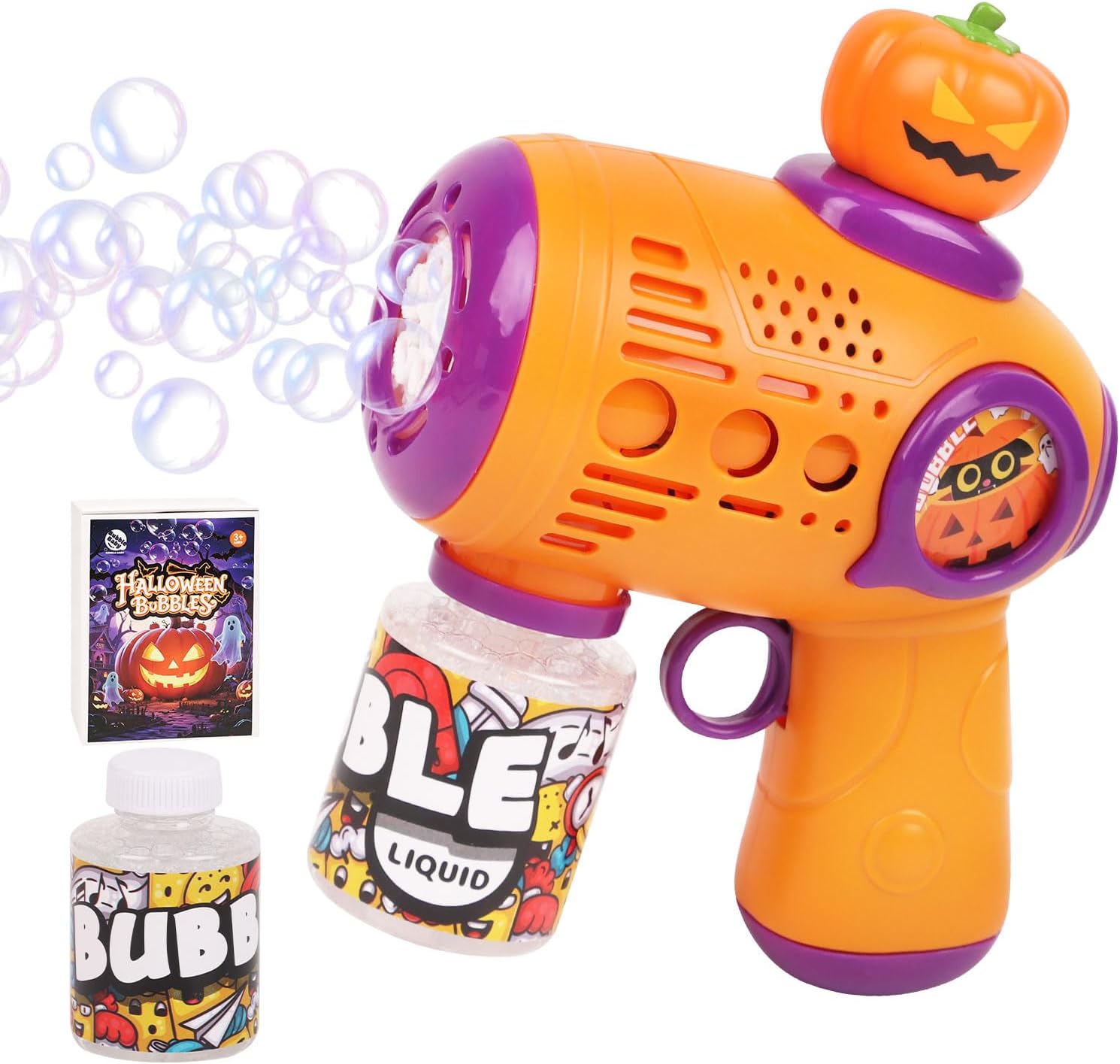 LOMIMOS Halloween Bubble Gun for Kids，Pumpkin Bubble Wand Machine Gun Blaster Boo Basket Stuffers for Halloween Party Favors Outdoor Toys Birthday Gifts（Batteries Not Included）