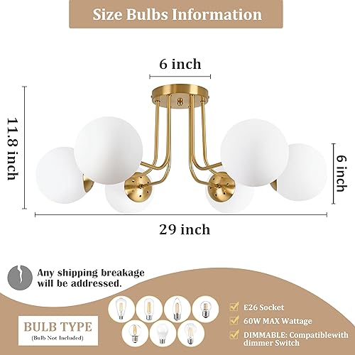 Miniatura 4 de KoKo&Yukina Lámpara de techo de 6 luces de mediados de siglo, moderna lámpara de techo semiempotrada, lámpara de techo con pantalla de vidrio de
