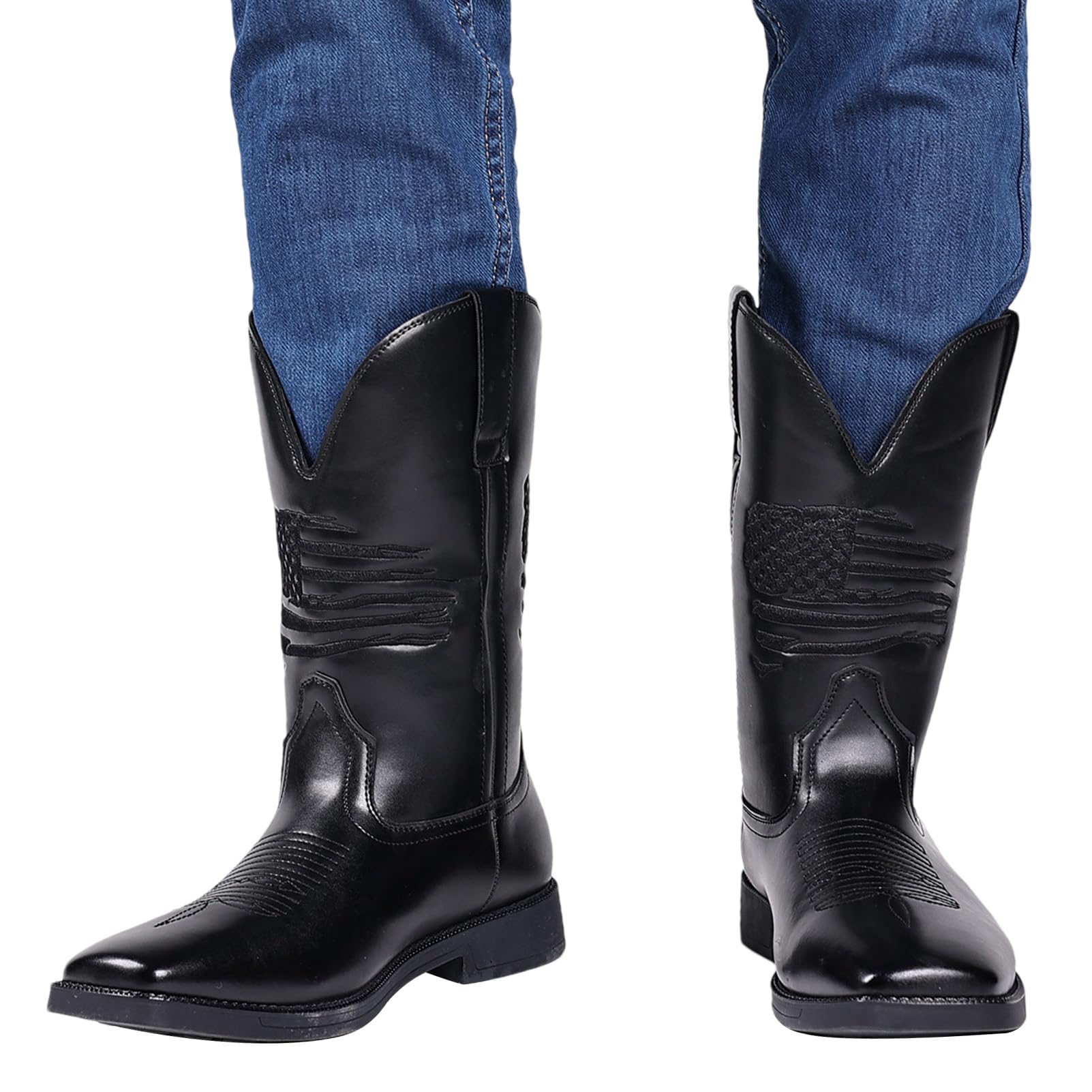 ANUFER Hommes Bout Carré Mi-Mollet Occidental Cowboy Bottes | Vintage Brodé, Slip-On, Couleur du Pinceau, Talon Carré de 3cm, Chaussures Habillées Montantes