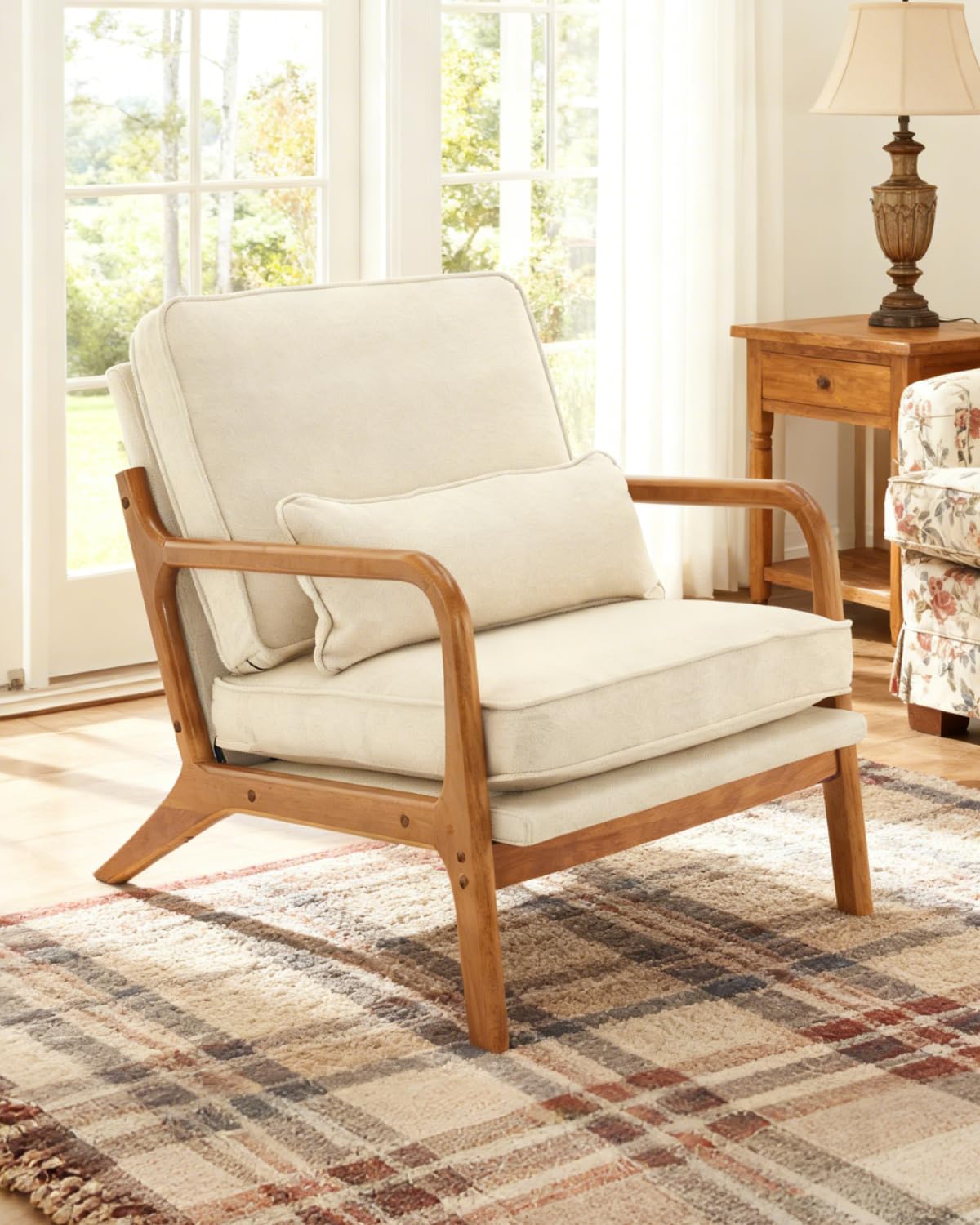 Karl home Accent Chair Mid-Century Modern Chair with Pillow Linen Fabric Upholstered Lounge Arm Chair with Solid Wood Frame & Soft Cushion for Living Room, Bedroom, Balcony, Beige