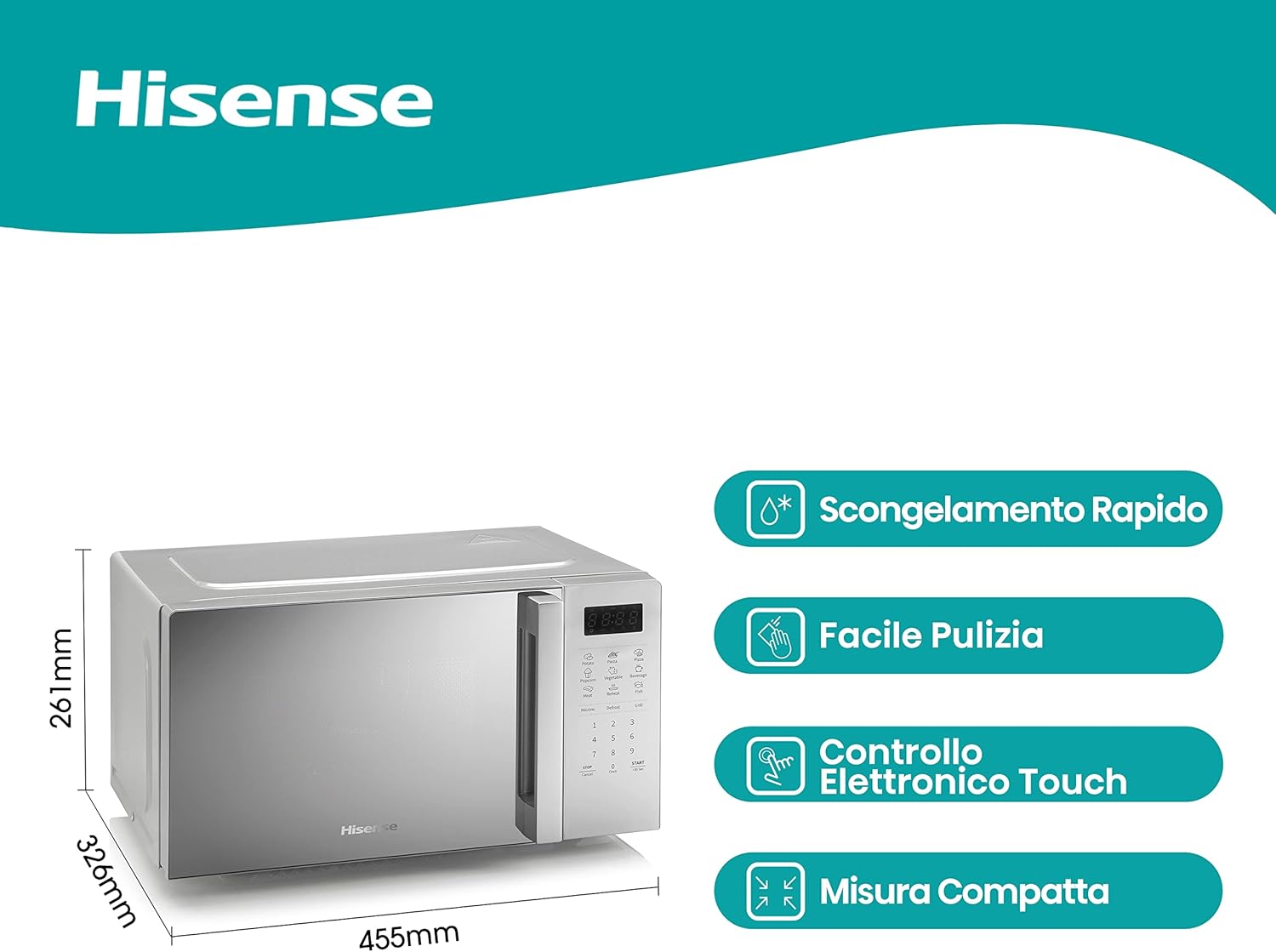 Hisense Forno Microonde Elettronico, Capacità 23 L, Potenza 800 W, Grill Potenza 1000 W, Display Led con Comandi Touch, Nero Hisense Forno Microonde Elettronico, Capacità 23 L, Potenza 800 W, Grill Potenza 1000 W, Display Led con Comandi Touch, Nero