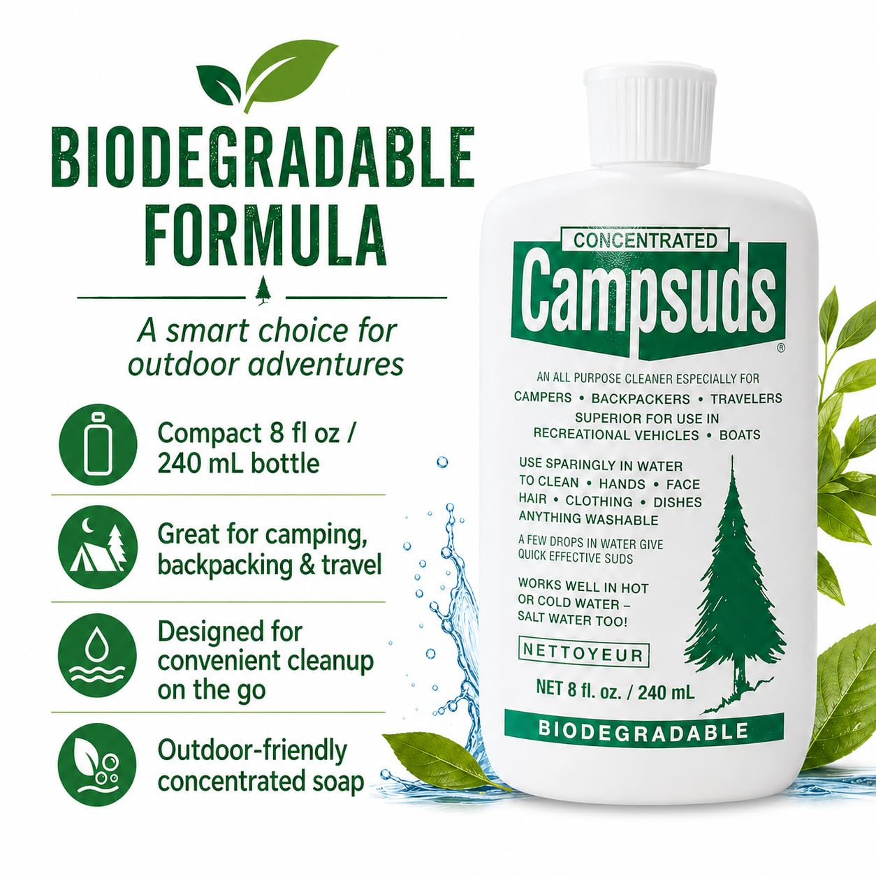 Jabón para exteriores de Sierra Dawn, biodegradable de primera calidad, esencial para camping y mochilero, jabón natural multiusos para vajilla, ropa y cuidado personal, 237 ml