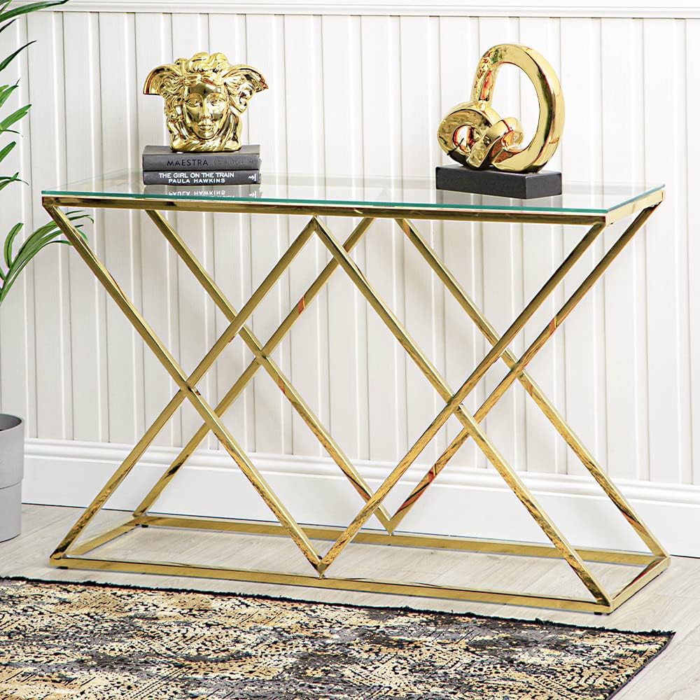 VANITY LIVING Console Table Modern Tempered Glass Top, Entryway Table Porto Gold Sturdy Stainless Steel Frame, Narrow Hallway Table for Living Room