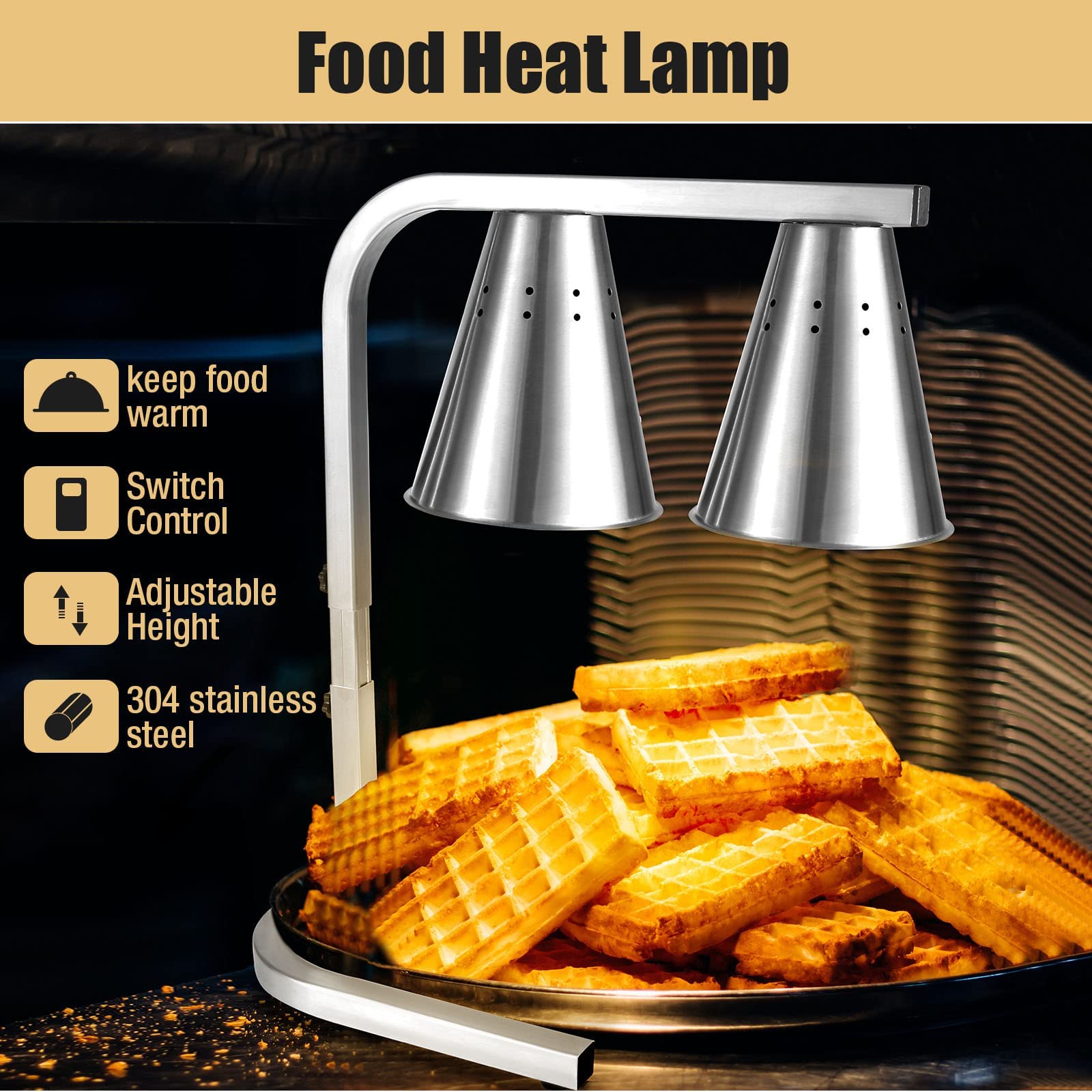 HORESTKIT Food Heat Lamp Food Warmer, Commercial Grade, Adjustable Stand with Two 250-watt Bulbs, Free-Standing, Non-Slip feet, No Pan