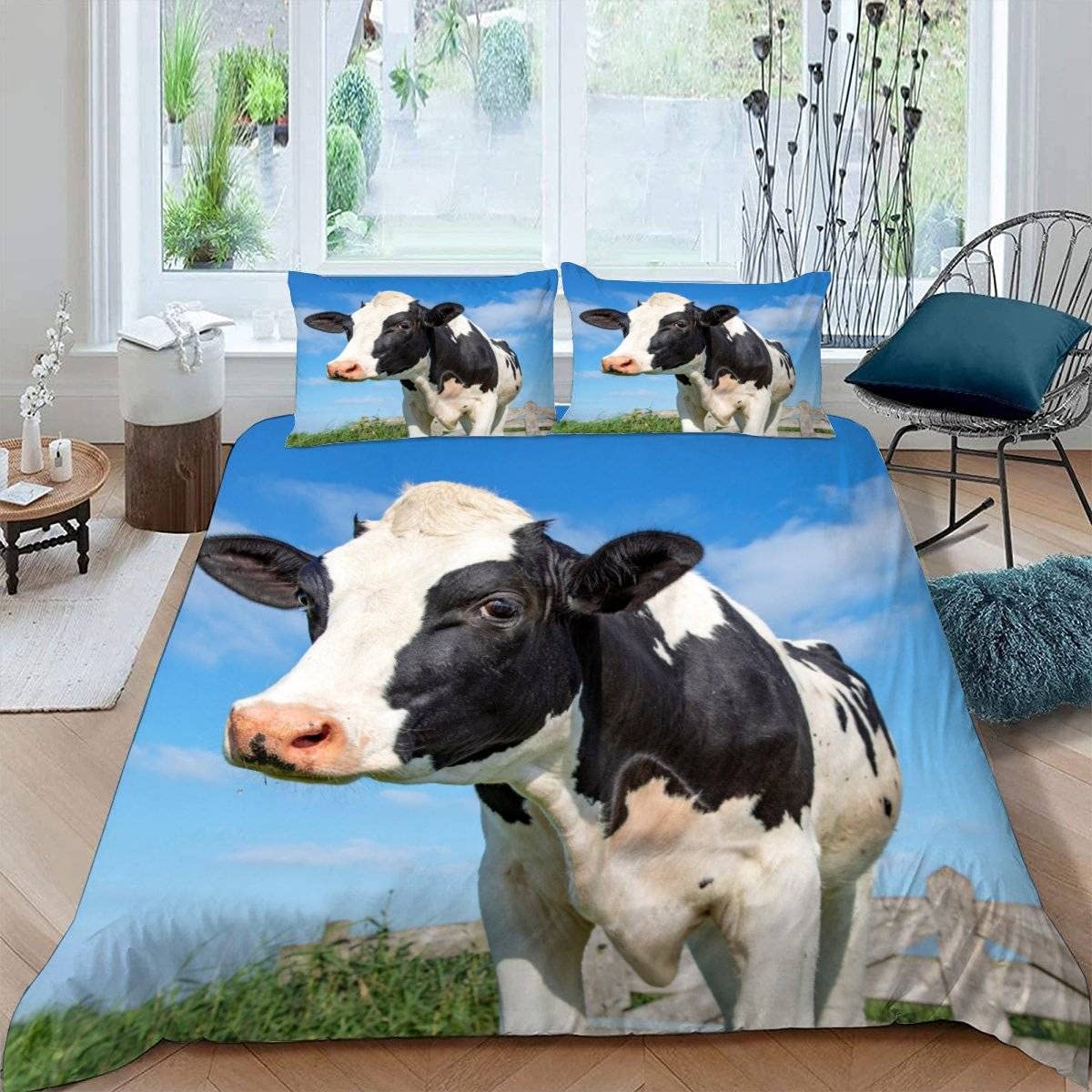 RFFLUX 3D Cow Single Duvet Cover Set 3 Pieces 135x200 Soft Microfiber Farm Animals Cattle Quilt Cover with Zipper Closure Easy Care Bedding Set with 2 Pillowcase for Kids Boys Girls Teens — image 1