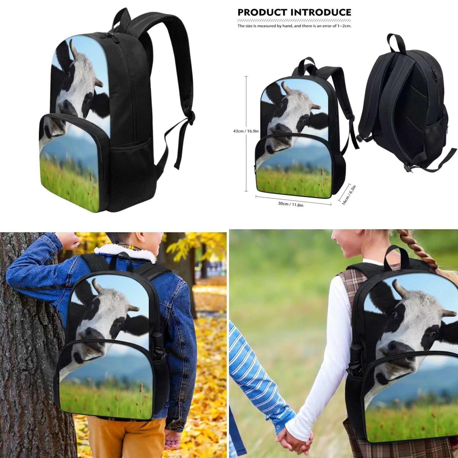 Dolyues Bolsa de almuerzo con bolsa escolar y estuche para lápices, bonita mochila para niños, estudiantes, vuelta a la escuela, vaca, Mochila infantil