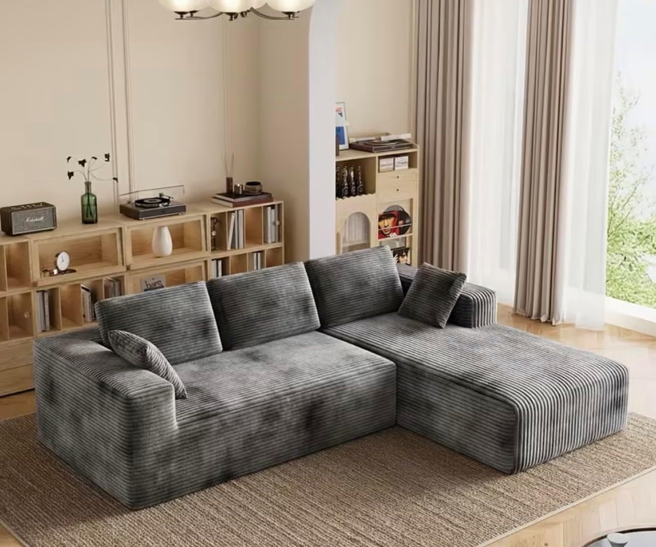 Extra Large L-Shaped Sectional Sofa Modular Plush Cloud Couch with Right Chaise - No-Tools Assembly Foam Frame, Soft Corduroy Upholstery (Grey Left Side)