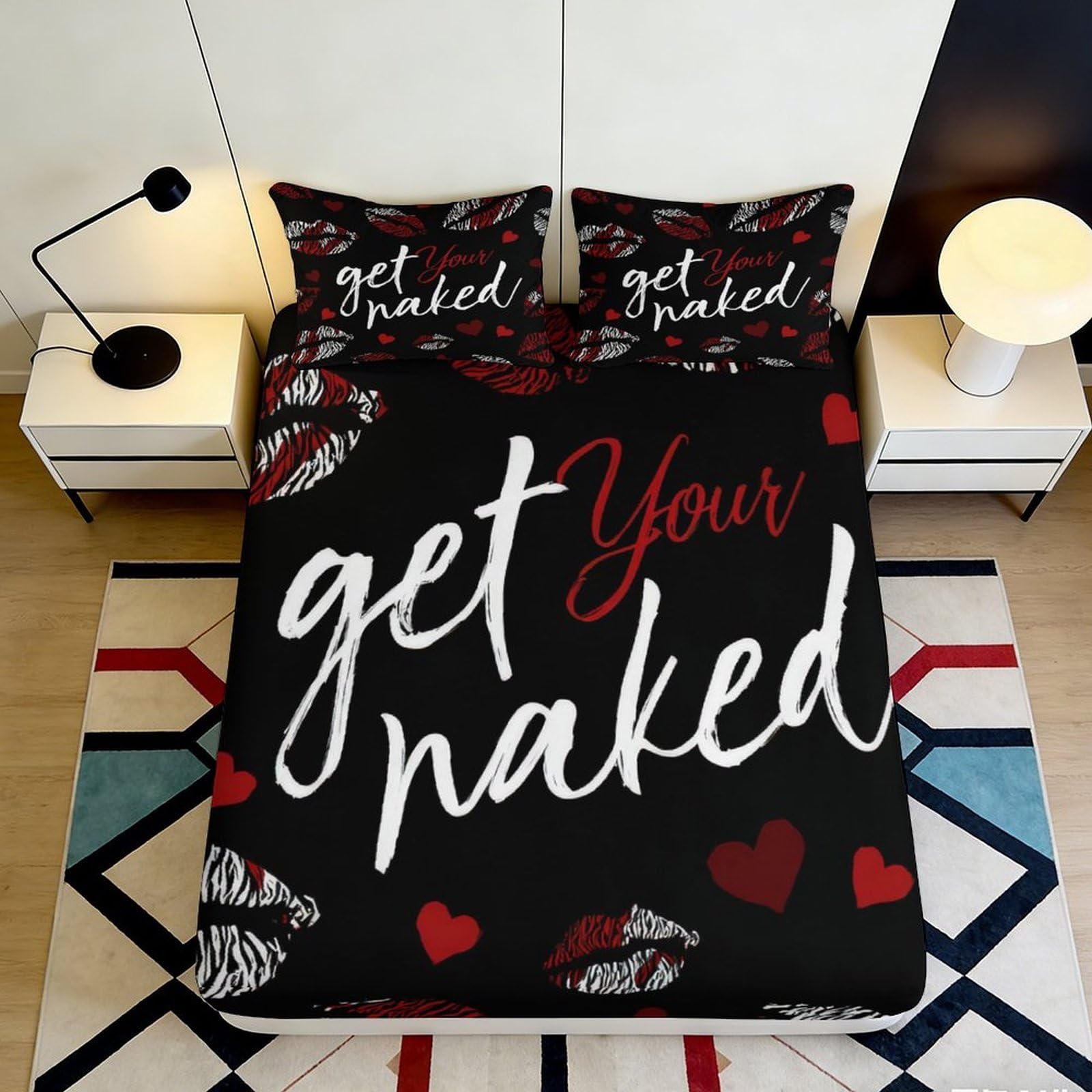 3D Printed Lips Heart Fitted Sheet Microfiber Black Red Bed Cover for Bedroom Guestroom Mattress Decor 90x200x25cm