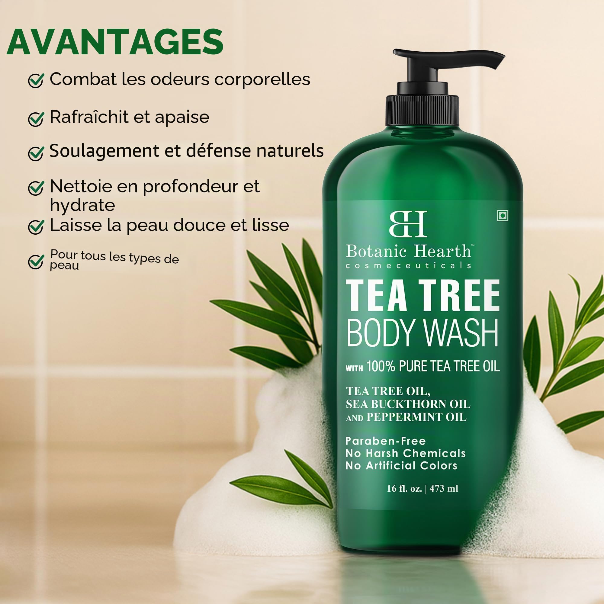 Botanic Hearth Gel douche à l'arbre à thé 473 ml Antifongique Anti-odeurs Naturel Sans Sulfates Ni Parabènes