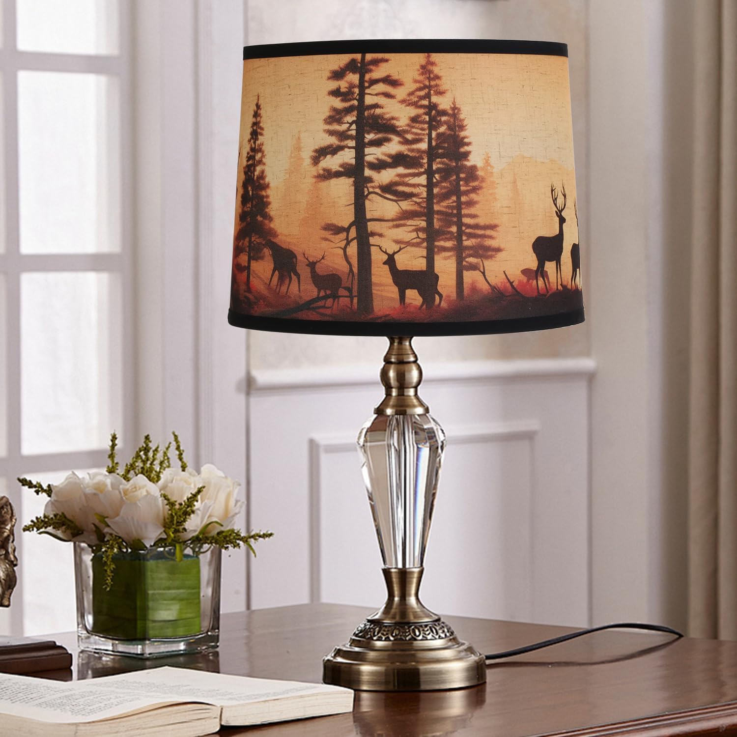 1pack Rustic Deer Printed Drum Lamp Shades for Table & Floor Lamps, 11.4"x13"x10" Barrel Brown Lamp Shade For Cabin Lodge Decoration, Easy Assembly Spider Fitter Lampshade(Harp/Finial Not Included)