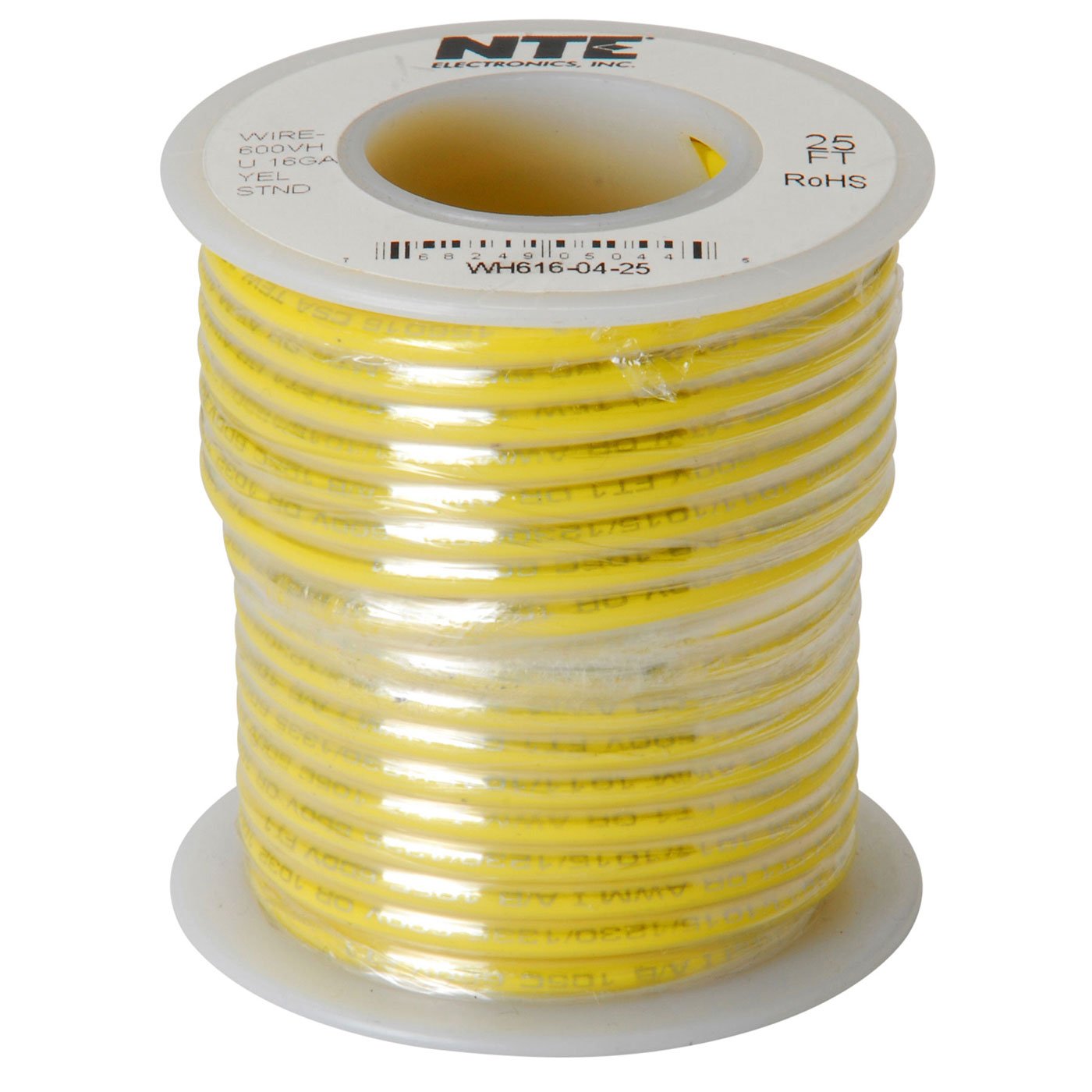 NTE Electronics WH6160425 Hook Up Wire, Stranded, Type 16 Gauge, 25' Length, 600V, Yellow
