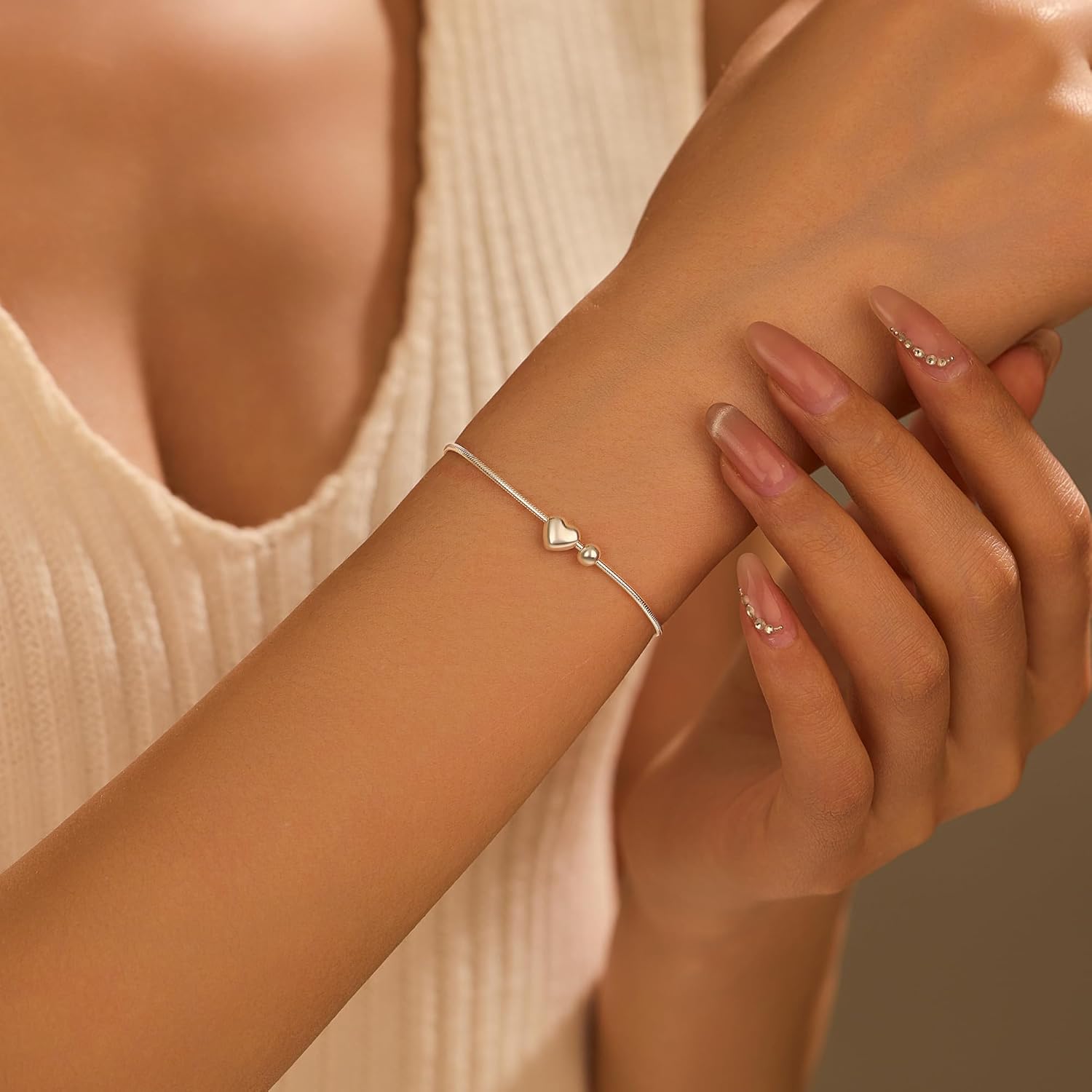 Valentine Gifts 925 Sterling Silver Heart Charm Bracelet for Women Dainty Love Beaded Snake Trendy Heart Link Chain Bracelet to Daughter Mom Adjustable Chain Wedding Birthday Jewelry for Her - Image 4