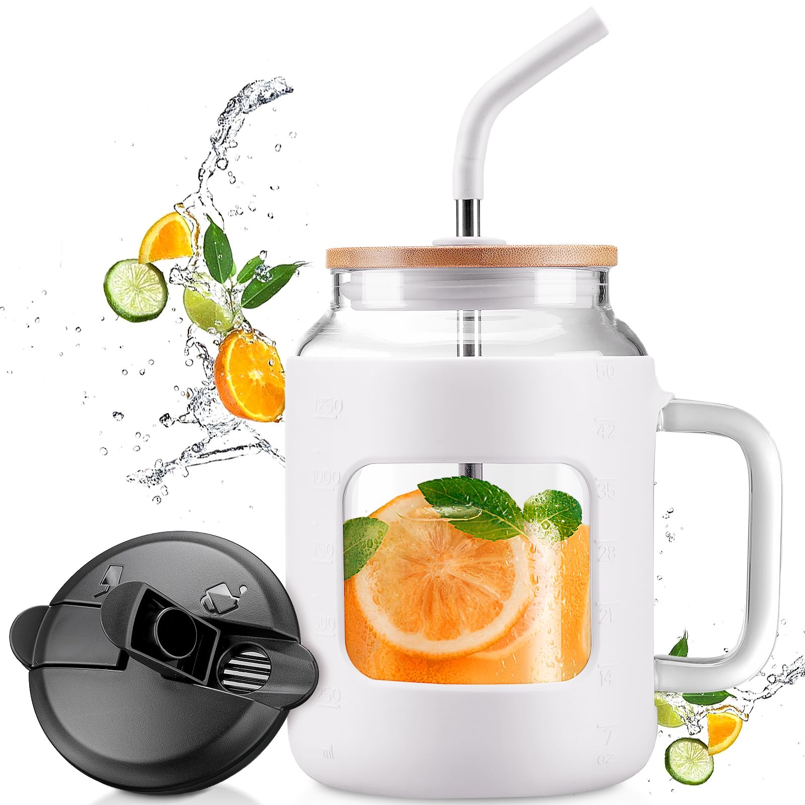 Photo 1 of 50 oz Mug Tumbler, Glass Pitcher with Handle, 1.5 Liter Tumbler with Lids and Straw, Water Bottle with Ounce Marker, Glass Coffee Cup for Travel, Gifts, Dishwasher Safe BPA Free-White