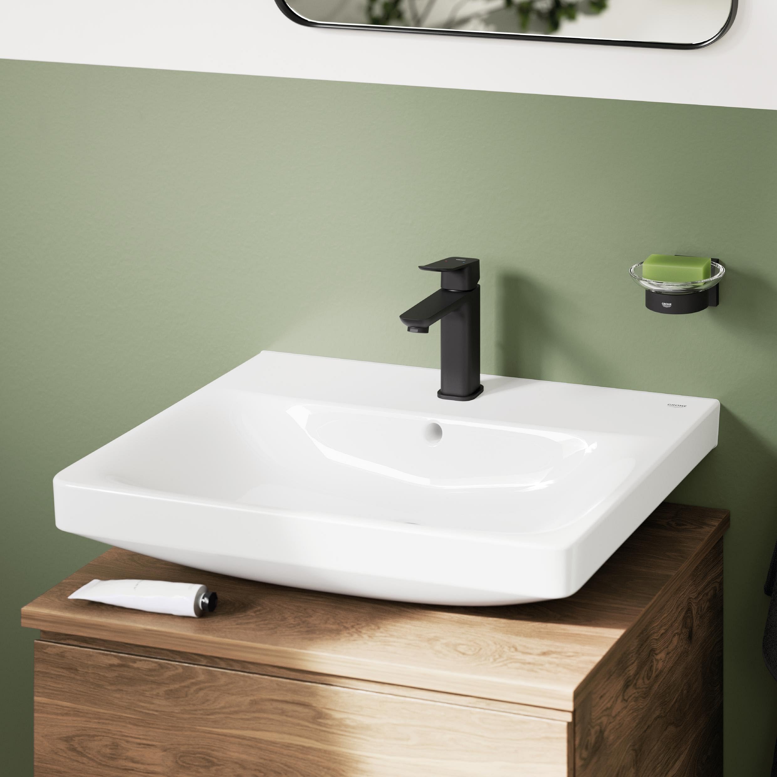 GROHE Dice, Waschtischarmatur, wassersparend (Wasserhahn für das Bad, Badarmatur mit Push-Open Ablauf, 17cm hoch, mit 3in1 Werkzeug, einfache Installation am Waschbecken), mattschwarz, 1018332430