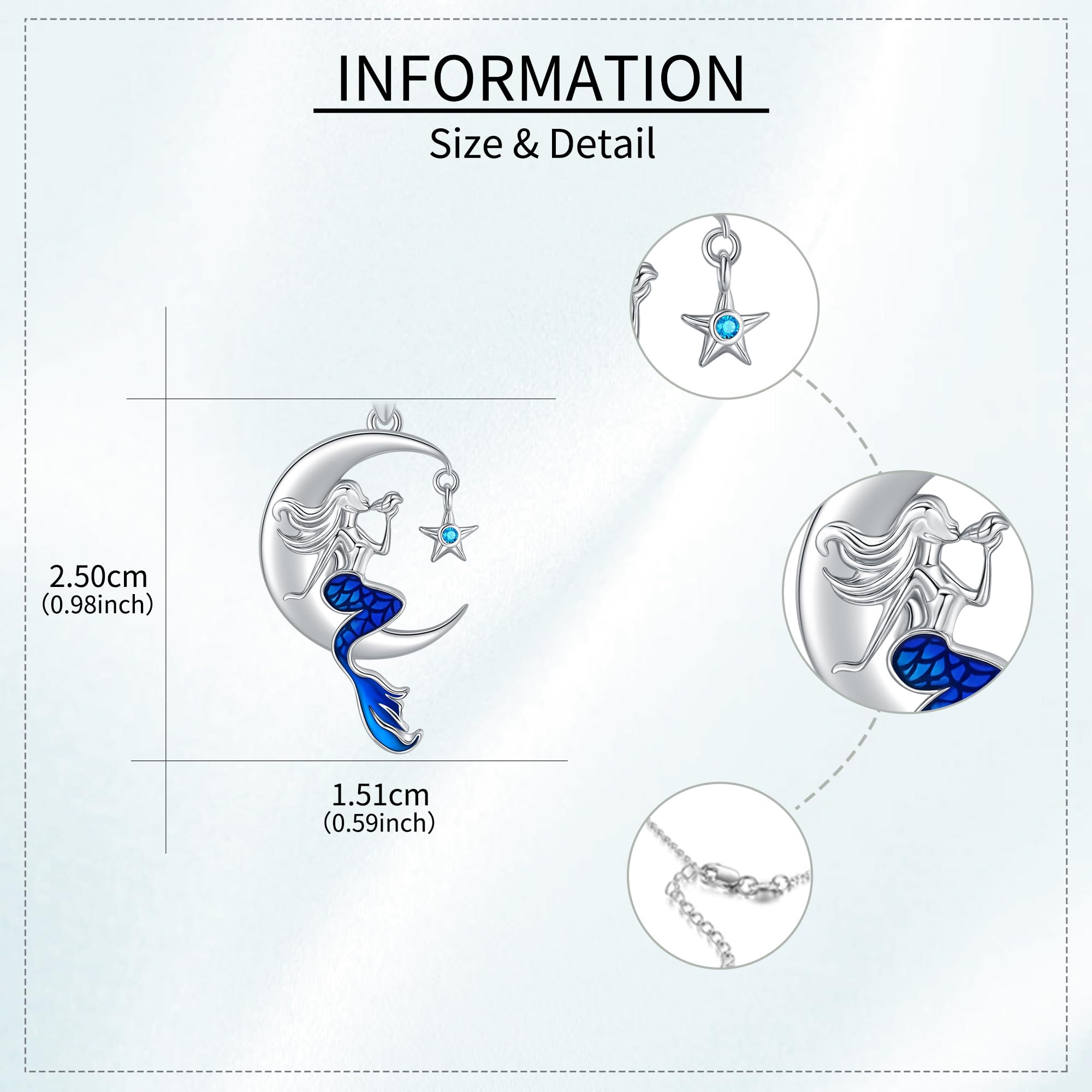 JERWLI Meerjungfrau-Halskette 925er Sterlingsilber kleine Meerjungfrau Schmuck für Mädchen Mondschmuck Geschenke für Frauen
