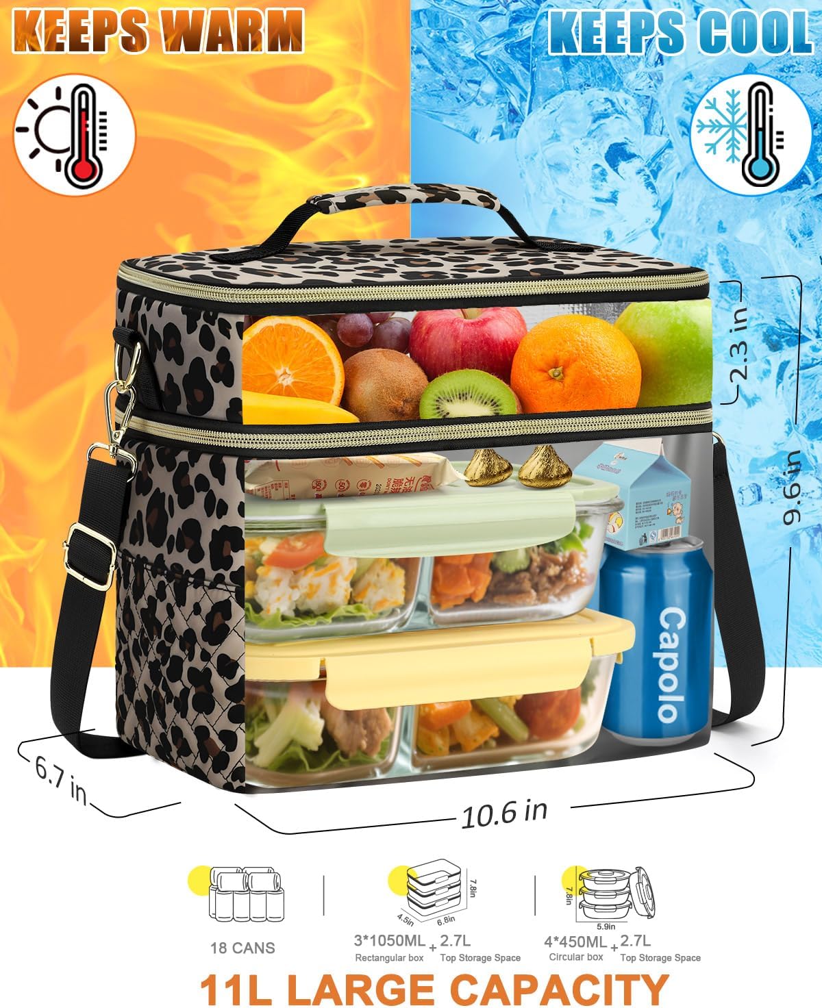 Capolo Lunch Box for Women Men Adults,Double Deck Insulated Lunch Bag Leakproof Lunch Cooler Box with Removable Strap Lunch Tote Bags Reusable Thermal Lunchbox for Work Picnic(Large,Leopard) - Image 4