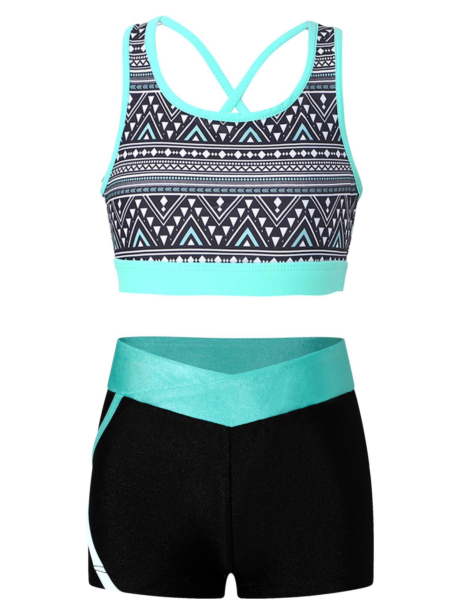 TTAO Kids Girls Swimming Costume Rash Guard Surfing Outfit Printed Sports Bra with Athletic Shorts Clothes Set Geometric Black 16 Years