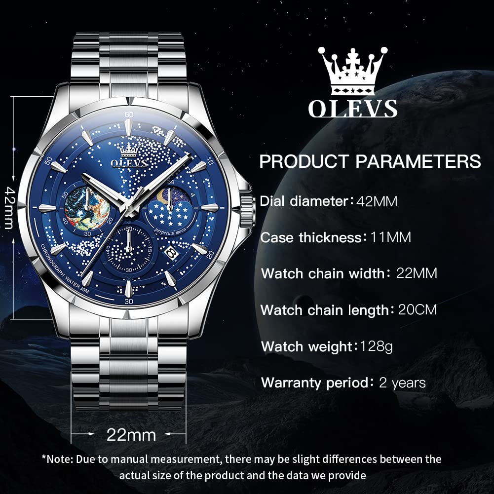 OLEVS Montre pour homme avec cadran à quartz analogique et motif ciel étoilé et lune - Étanche et lumineuse, Bracelet argenté cadran bleu, Montres à quartz