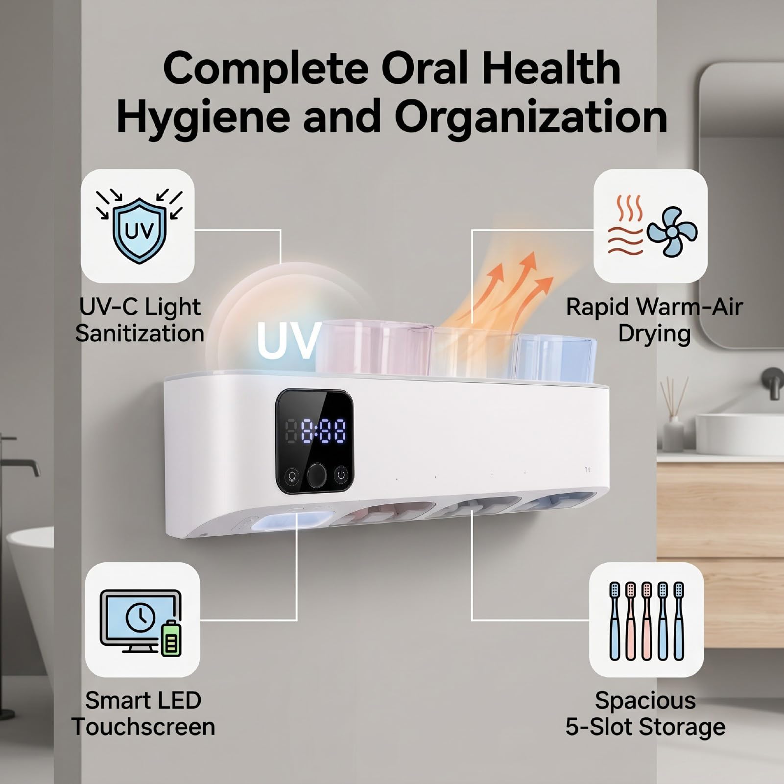 Jectse Soporte para Cepillo de Dientes Eléctrico, Montado en la Pared con Pantalla Táctil LED, 5 Ranuras para Cepillos de Dientes Eléctricos, Desinfectante UVC con 3 Modos y Secado por