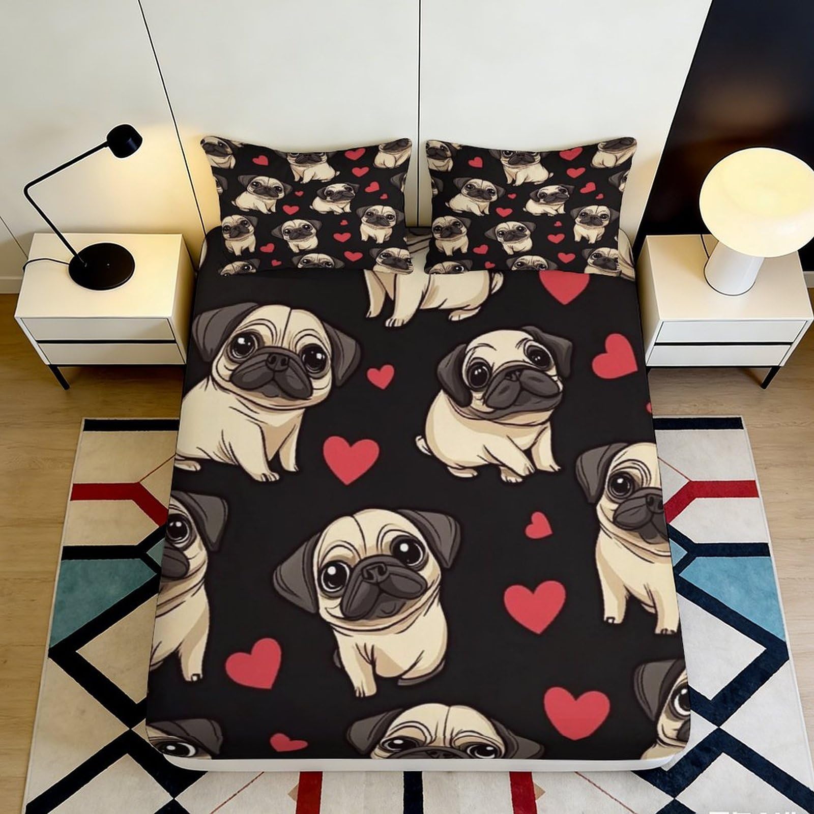 3D Printed Pug Cartoon Fitted Sheet Microfiber Non Slip Black Dog Heart Bed Cover for Bedroom Guest Room Decor 90x200x25cm