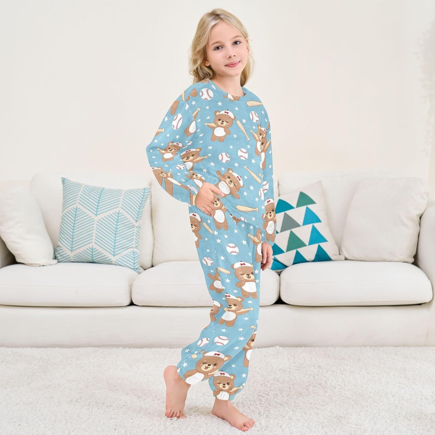 Kids Flannel Sets Cute Bear Playing Baseball Warm Plush Relaxed Clothing for Boys and Girls