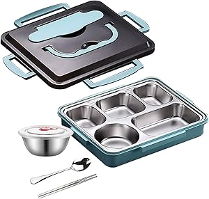 Stainless Steel Heatable Bento Box,5 Compartments Divided Lunch Box, Food Storage Container with Soup Bowl Chopsticks Spoon , Lunch Box for School Office Outdoor (Blue)