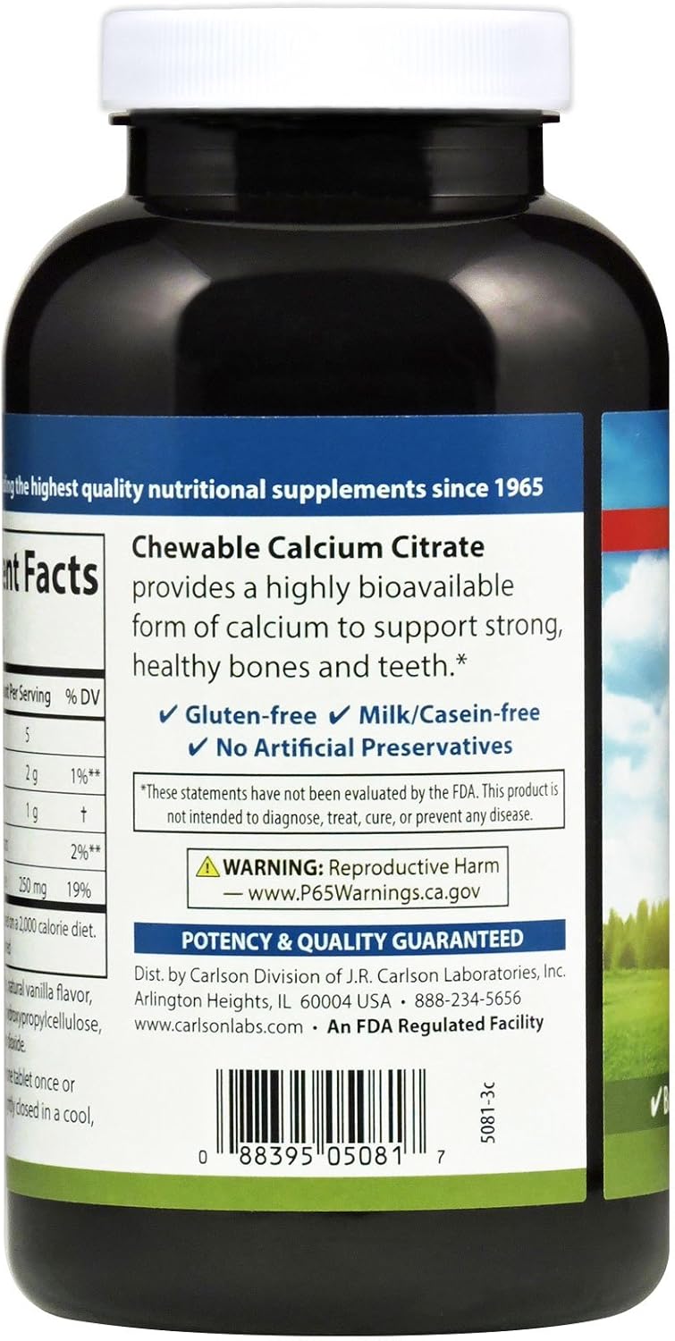 Carlson Chewable Calcium Citrate 250 mg, Vanilla, 120 Tablets