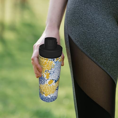 Miniatura 5 de Botella de agua deportiva floral azul amarillo aislado de acero inoxidable, botella de agua de 18 onzas para fitness, deportes al aire libre,